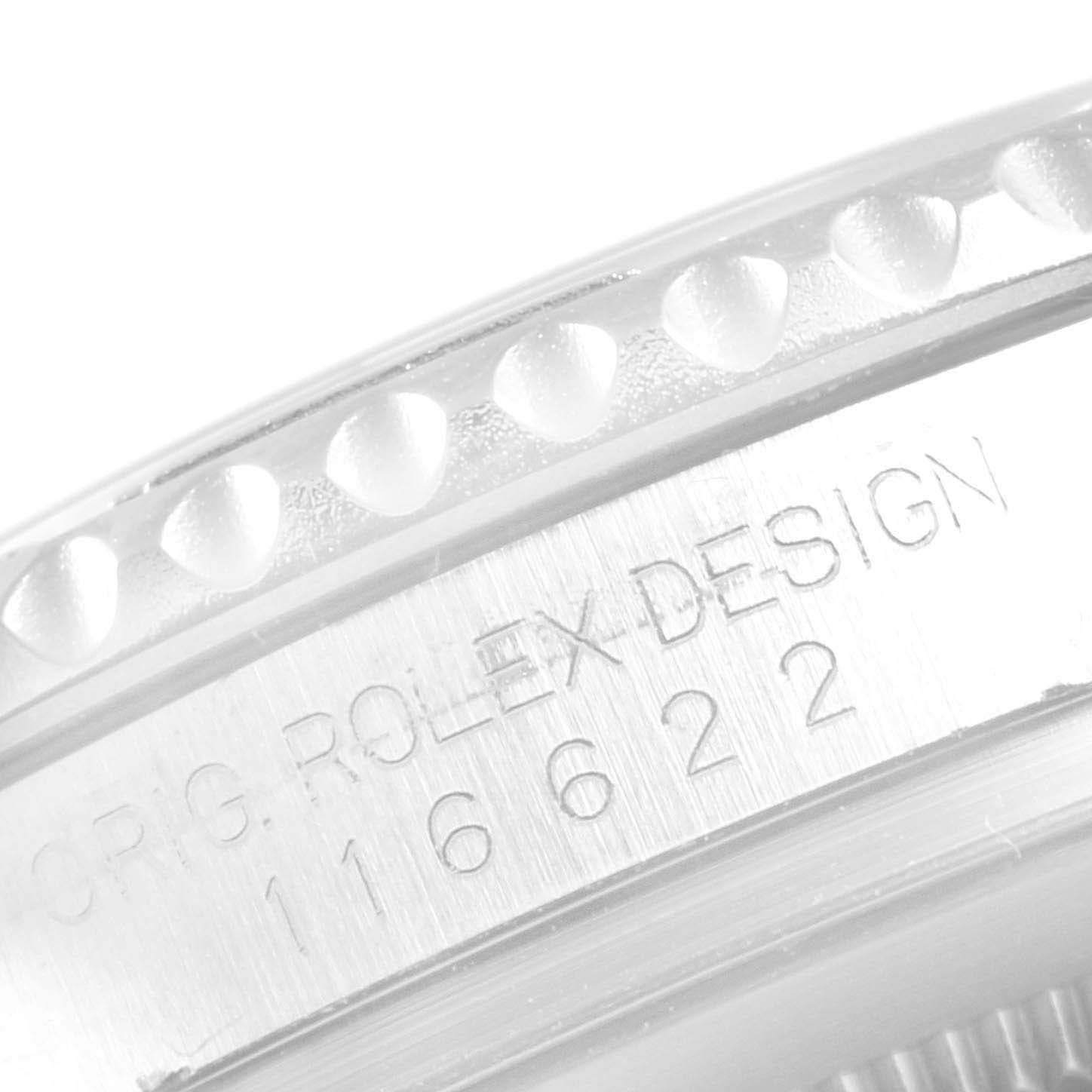 The image shows a close-up of the bezel and engraved side of the Rolex Yacht-Master 116622 Men
s Stainless Steel Grey Dial 116622 Men
s Stainless Steel Grey Dial watch model 116622.