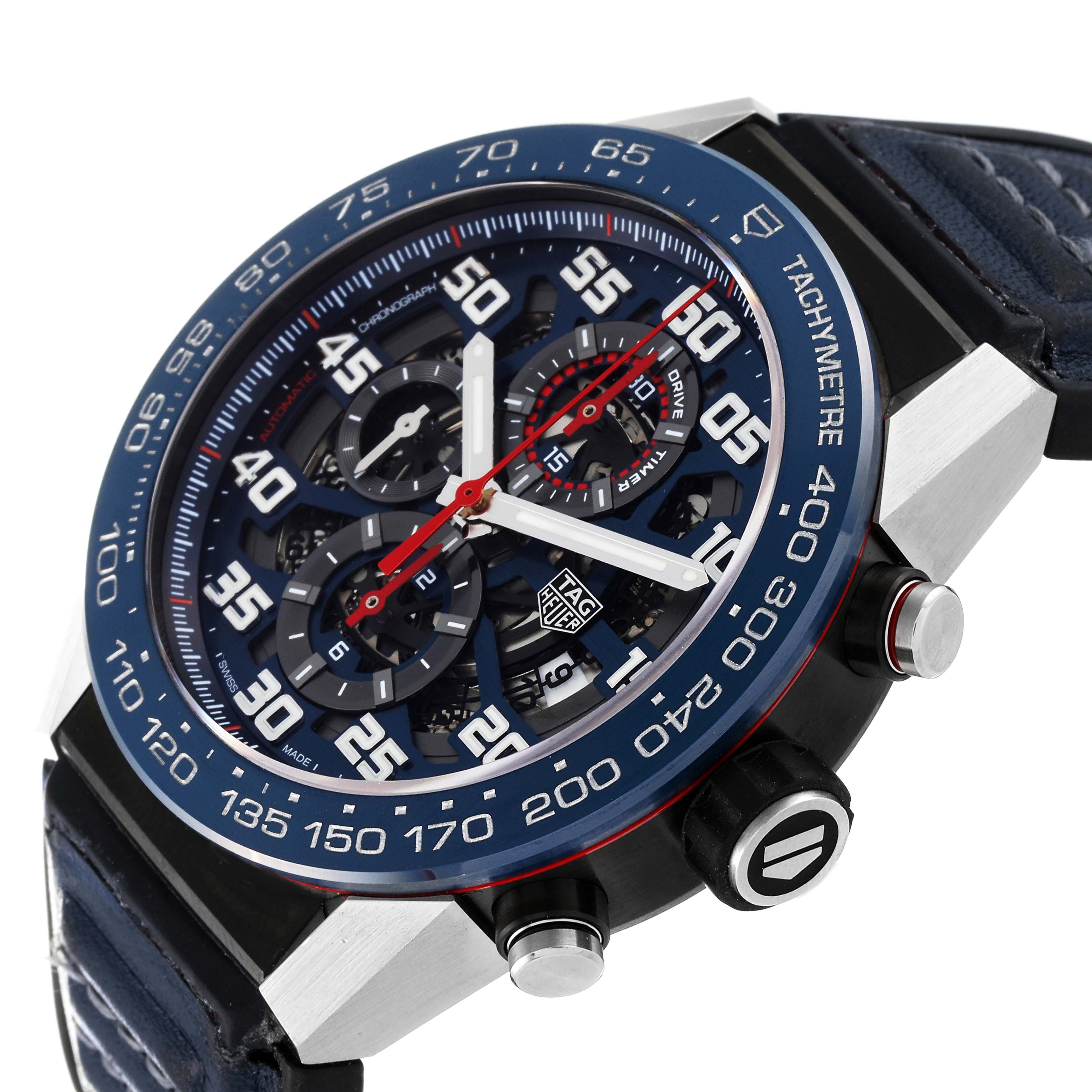The image shows a close-up, angled view of the Tag Heuer Carrera CAR2A1N.FT6100 Men's Stainless Steel Blue Dial CAR2A1N.FT6100 Men's Stainless Steel Blue Dial watch, highlighting the face, bezel, and chronograph pushers.