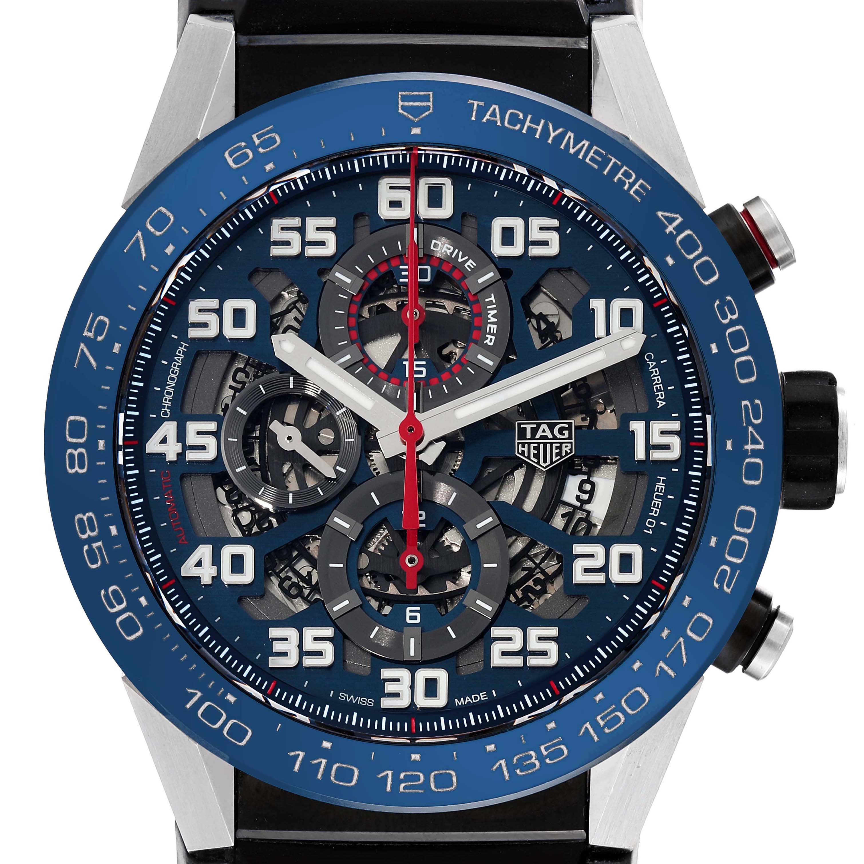 This image shows a front view of the Tag Heuer Carrera CAR2A1N.FT6100 Men's Stainless Steel Blue Dial CAR2A1N.FT6100 Men's Stainless Steel Blue Dial watch, highlighting its blue tachymeter bezel and intricate chronograph details.