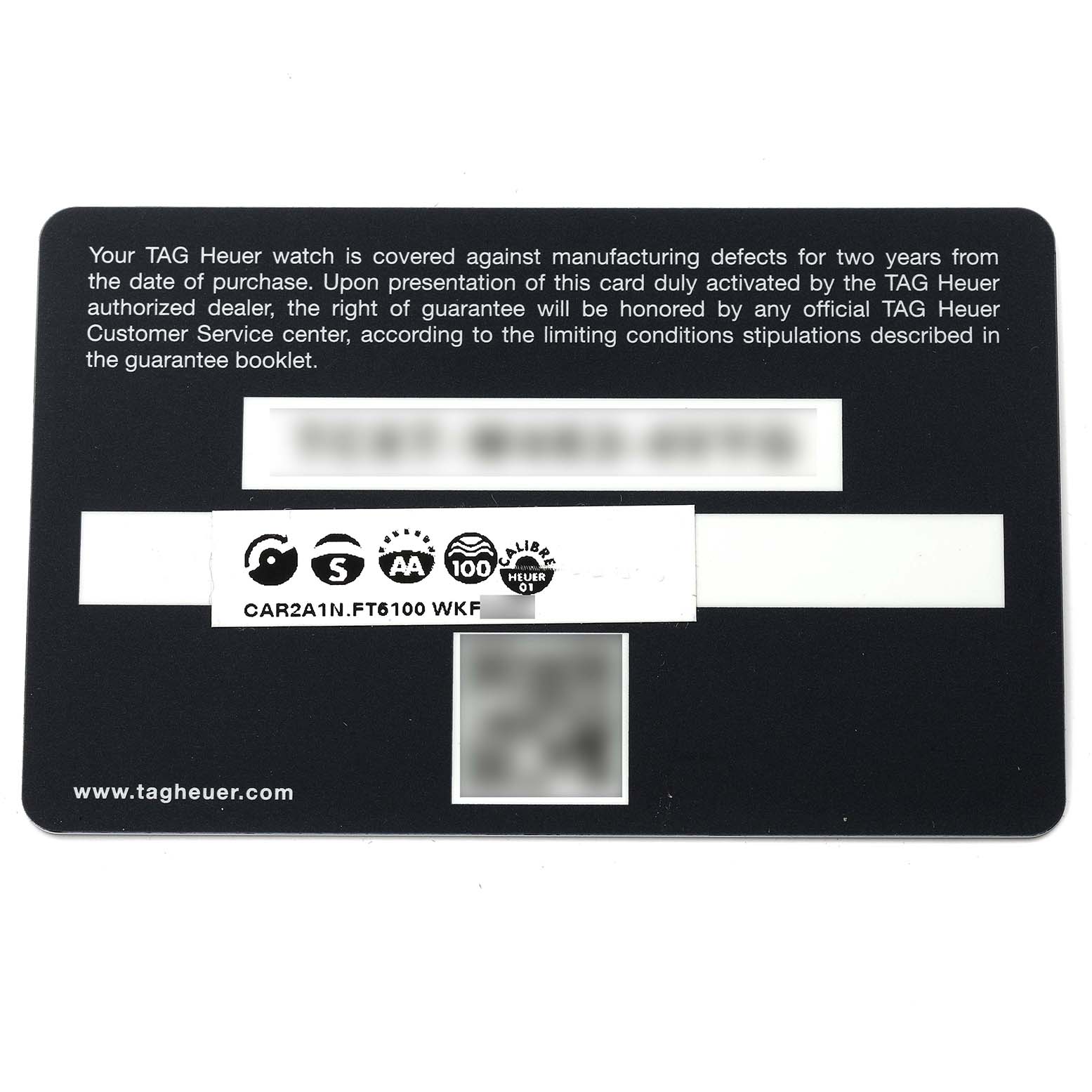 This image shows a warranty card for a Tag Heuer Carrera CAR2A1N.FT6100 Men's Stainless Steel Blue Dial CAR2A1N.FT6100 Men's Stainless Steel Blue Dial model.