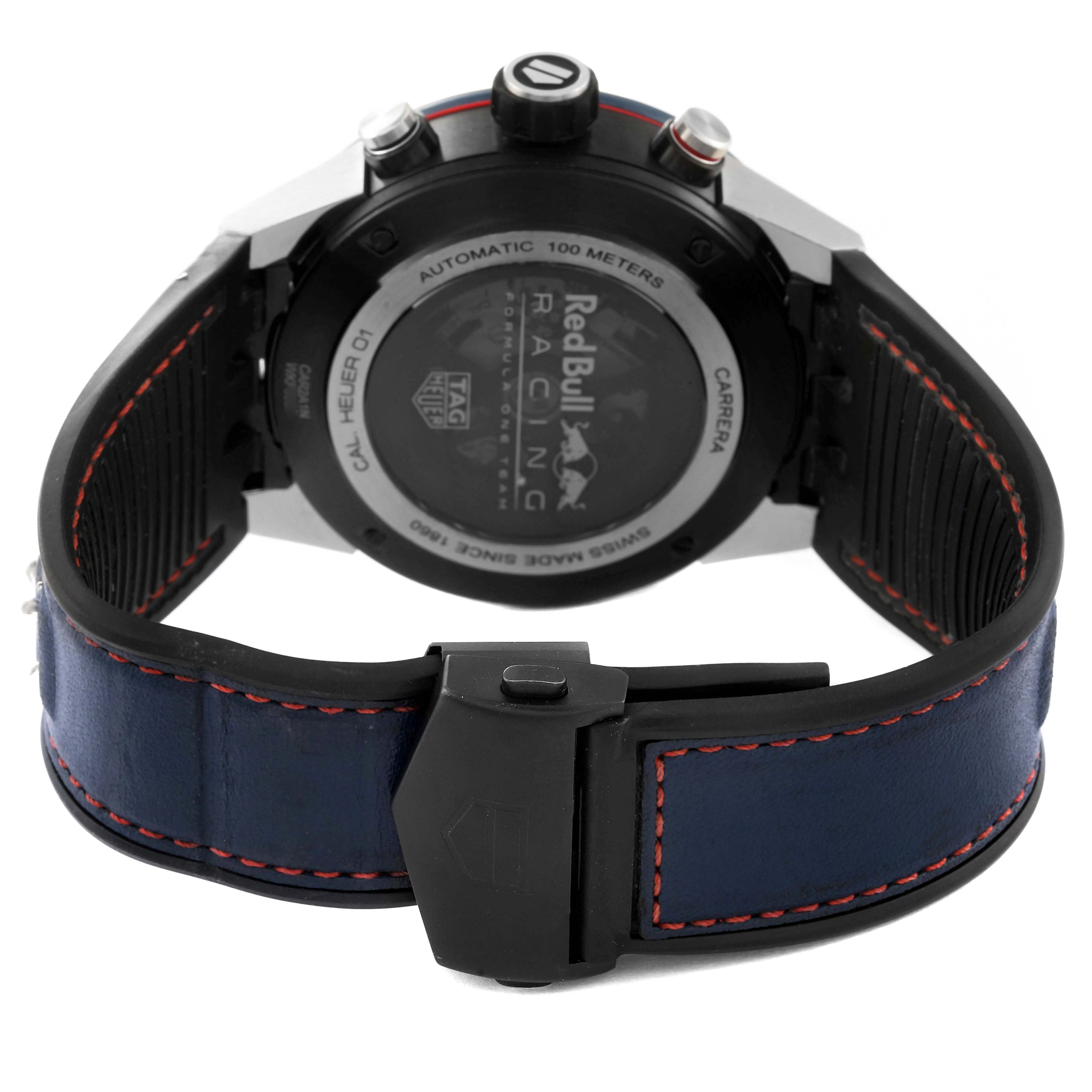 The image shows the back case and strap of the Tag Heuer Carrera CAR2A1N.FT6100 Men's Stainless Steel Blue Dial CAR2A1N.FT6100 Men's Stainless Steel Blue Dial watch, featuring a Red Bull Racing logo.