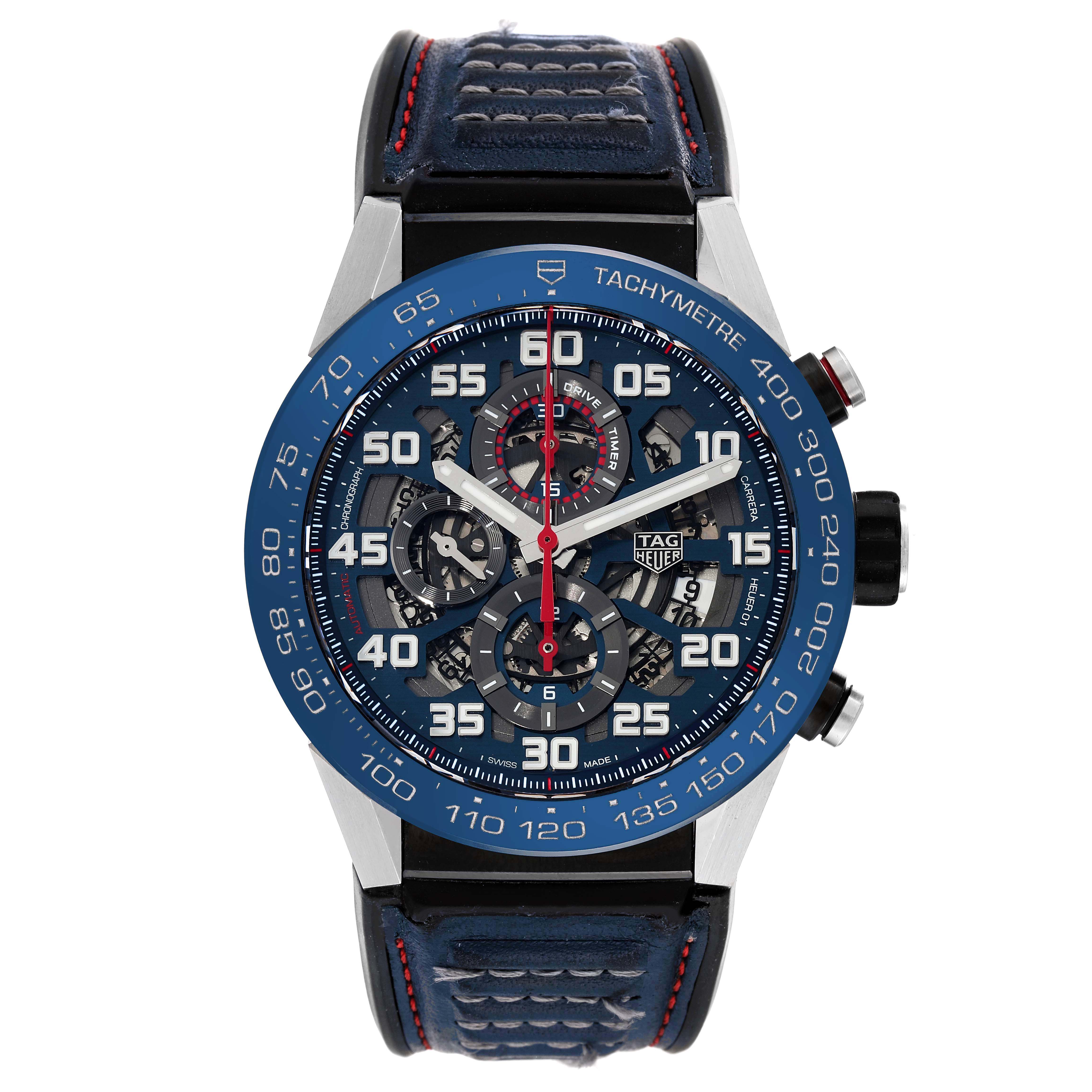 This image shows a front view of a Tag Heuer Carrera CAR2A1N.FT6100 Men's Stainless Steel Blue Dial CAR2A1N.FT6100 Men's Stainless Steel Blue Dial watch, highlighting its dial, bezel, and straps.
