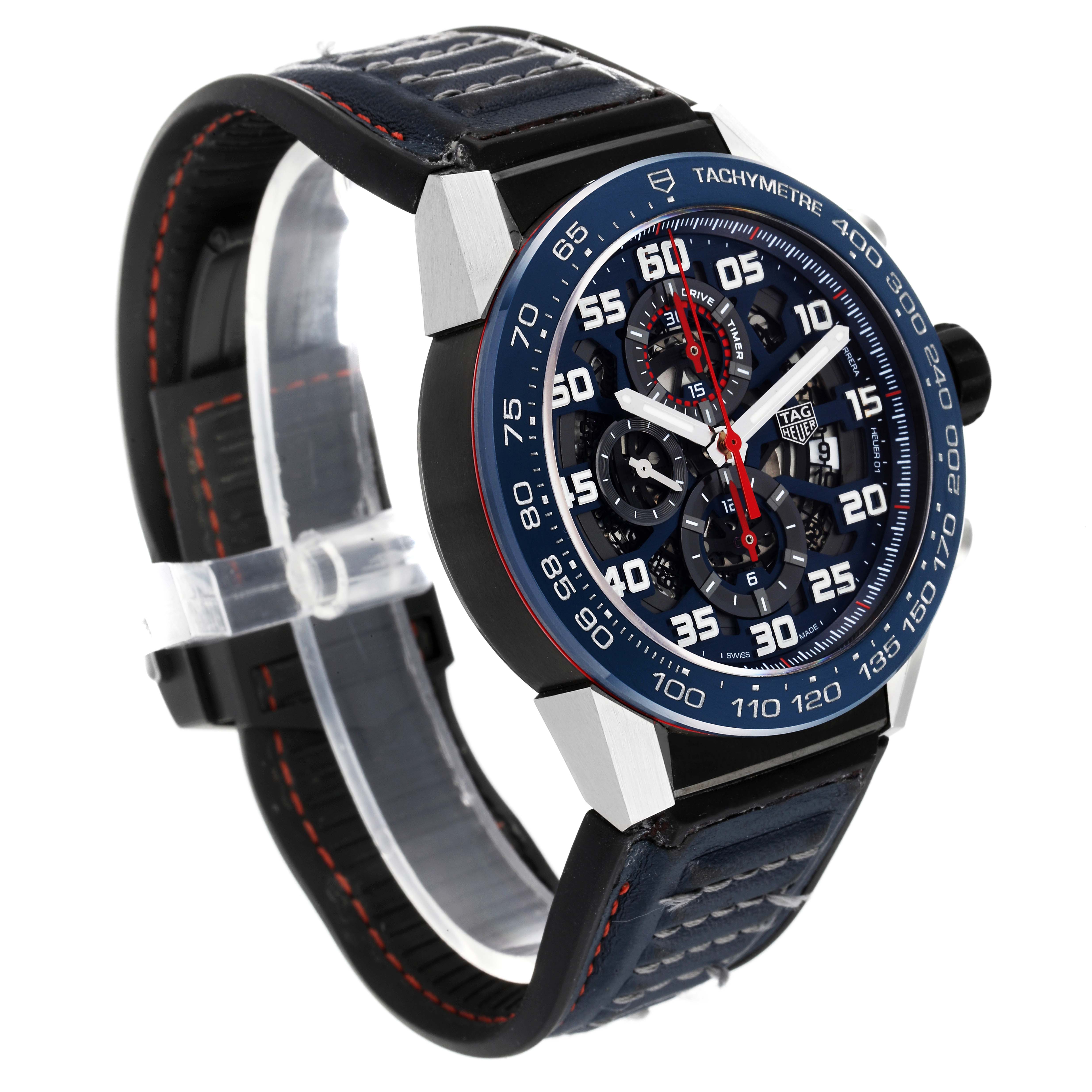 The image shows a side view angle of the Tag Heuer Carrera CAR2A1N.FT6100 Men's Stainless Steel Blue Dial CAR2A1N.FT6100 Men's Stainless Steel Blue Dial watch, highlighting its face, bezel, and strap.