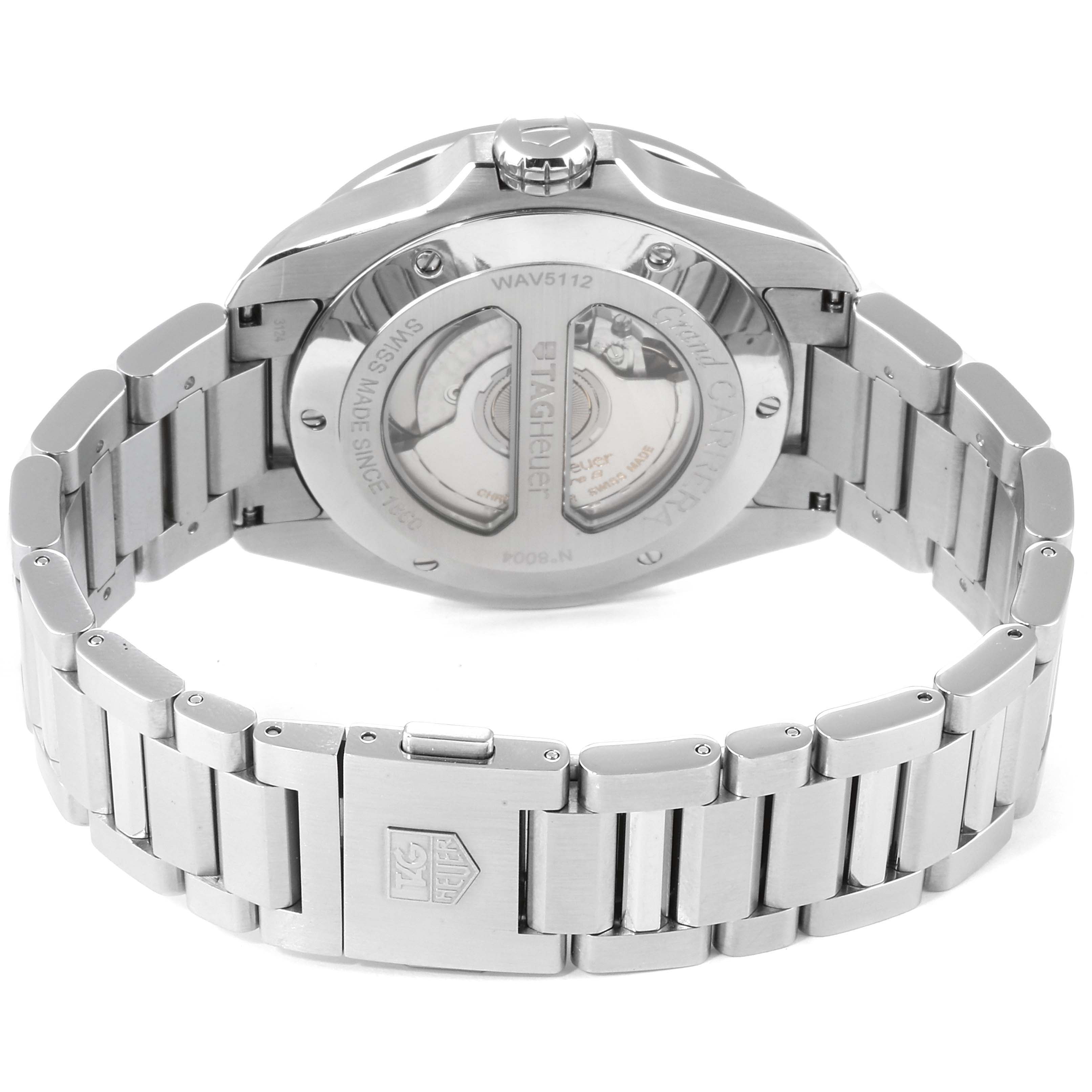 The image shows the back view of a Tag Heuer Carrera WAV5112.BA0901 Men's Stainless Steel Silver Dial WAV5112.BA0901 Men's Stainless Steel Silver Dial watch, highlighting the case back and metal bracelet.