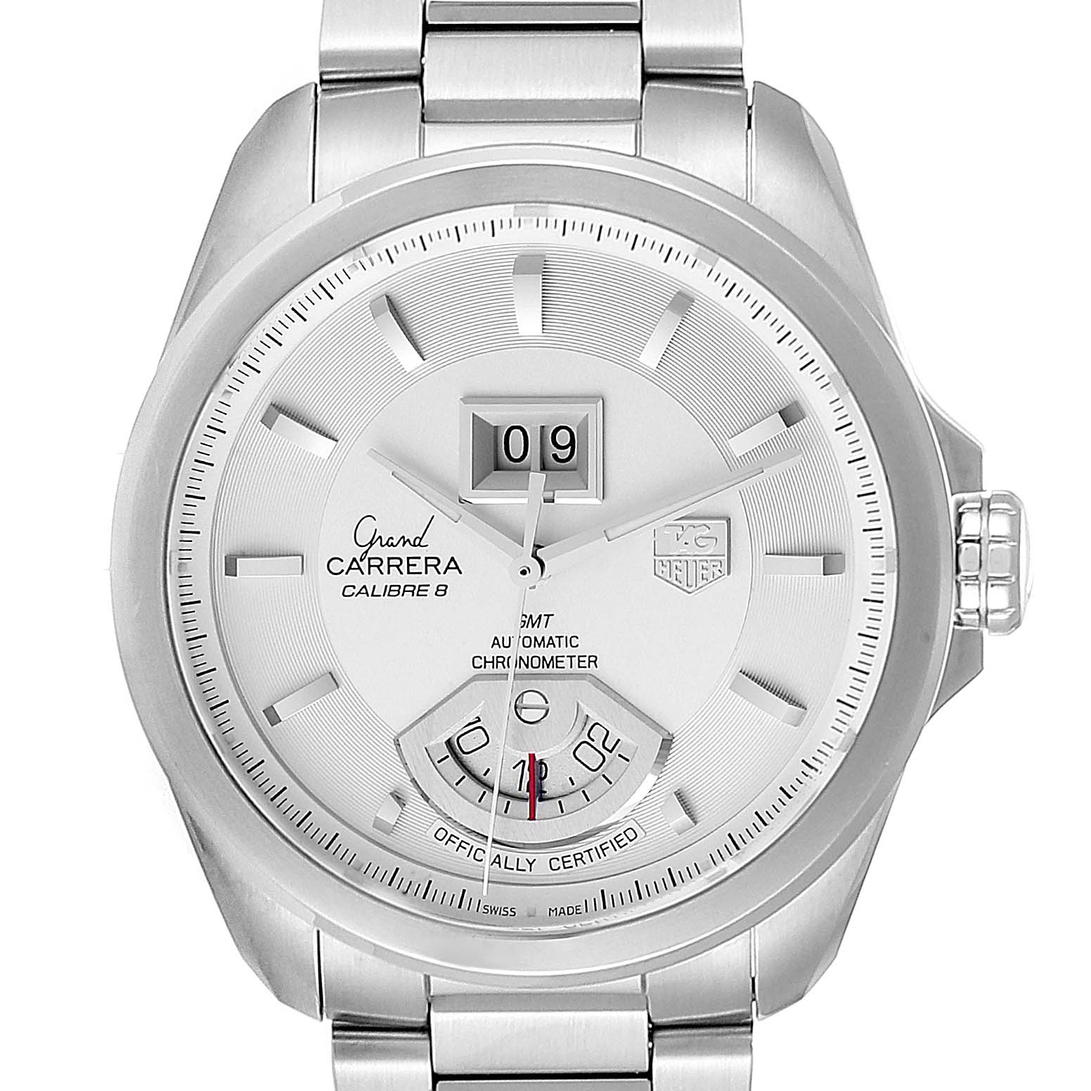 The image features a close-up of the face of a Tag Heuer Carrera WAV5112.BA0901 Men's Stainless Steel Silver Dial WAV5112.BA0901 Men's Stainless Steel Silver Dial watch, showing the hands, dial, date, and bracelet detail.