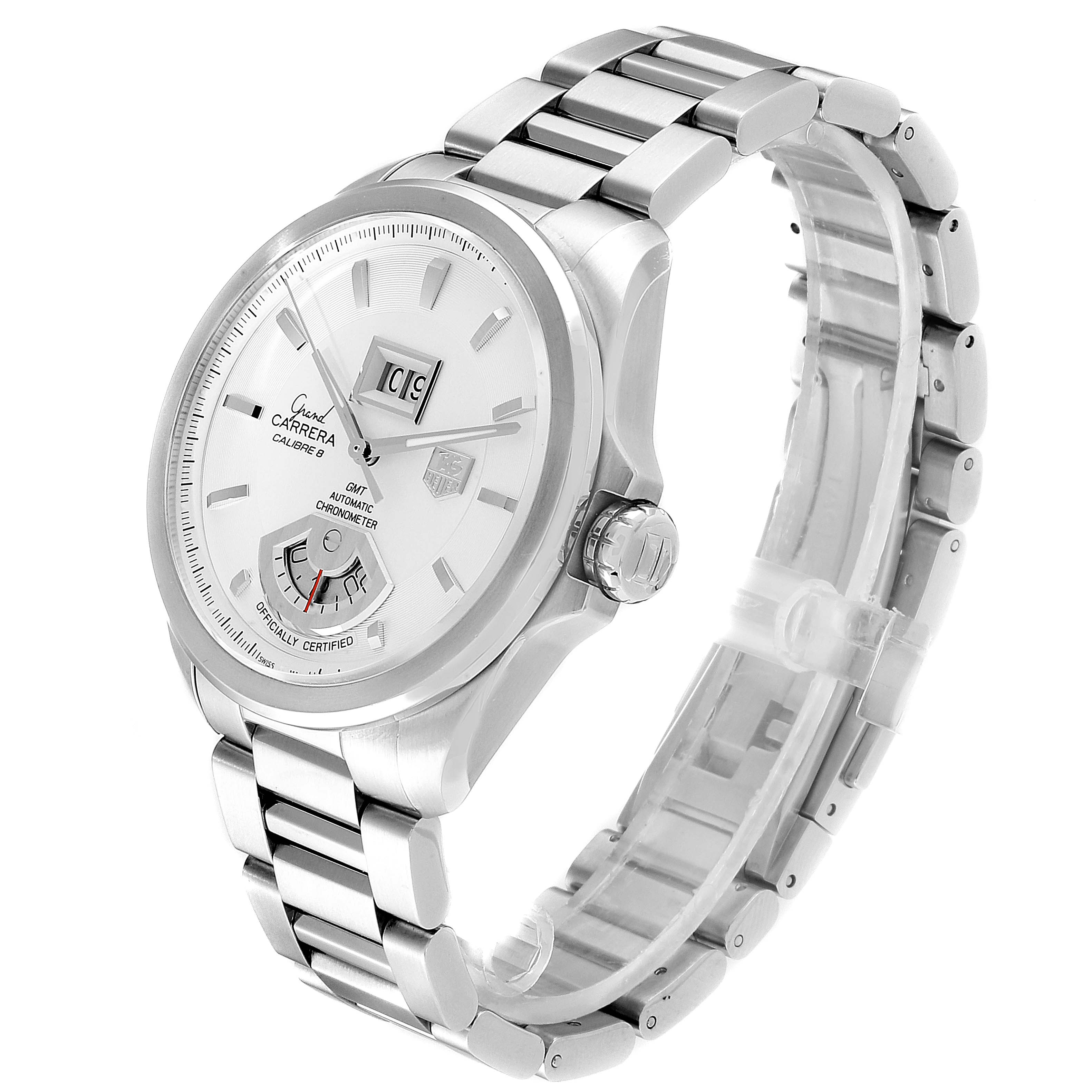 The image shows a Tag Heuer Carrera WAV5112.BA0901 Men's Stainless Steel Silver Dial WAV5112.BA0901 Men's Stainless Steel Silver Dial watch from a three-quarter angle, highlighting the face, bezel, crown, and bracelet.