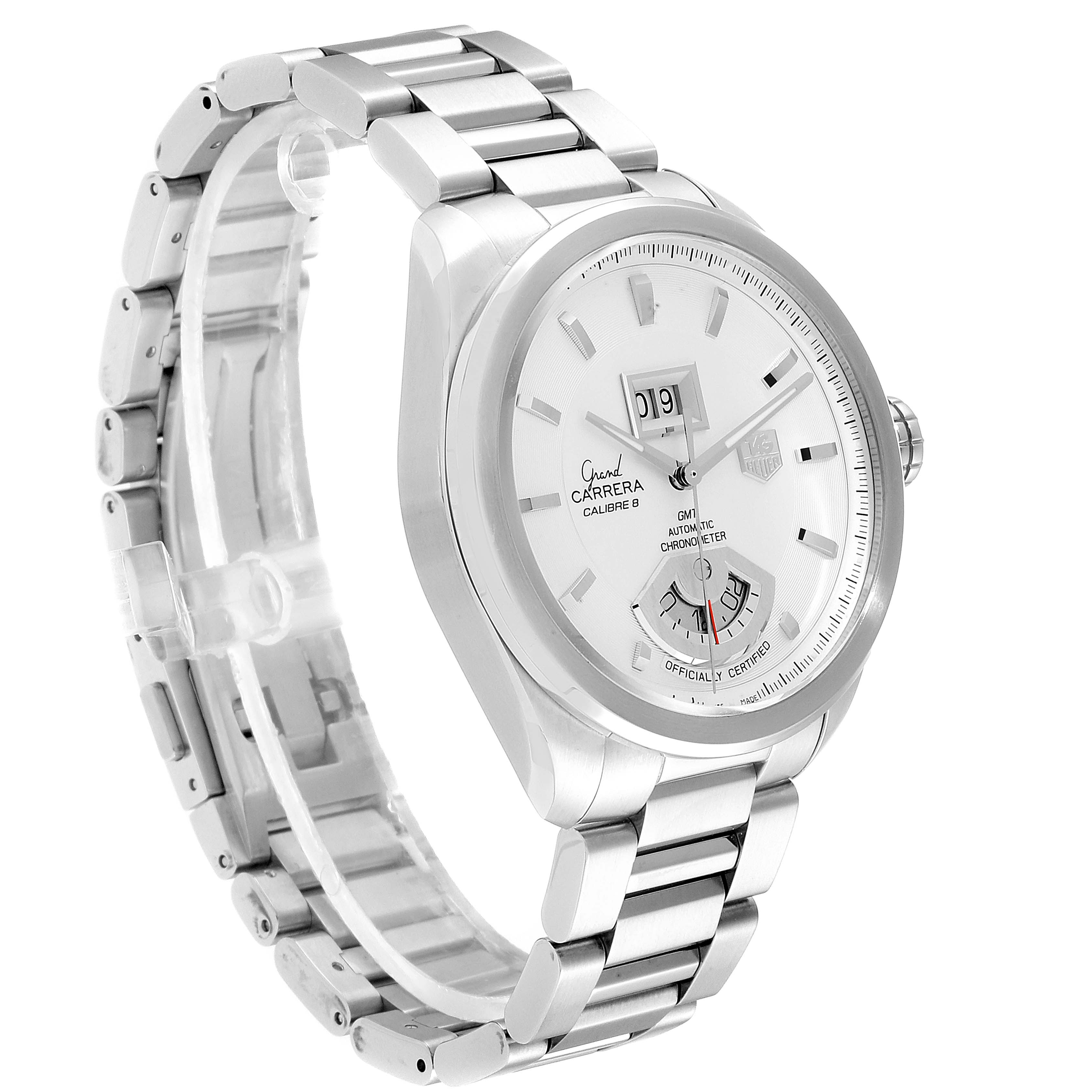 This image shows a Tag Heuer Carrera WAV5112.BA0901 Men's Stainless Steel Silver Dial WAV5112.BA0901 Men's Stainless Steel Silver Dial watch at a three-quarter angle highlighting its stainless steel bracelet and dial.