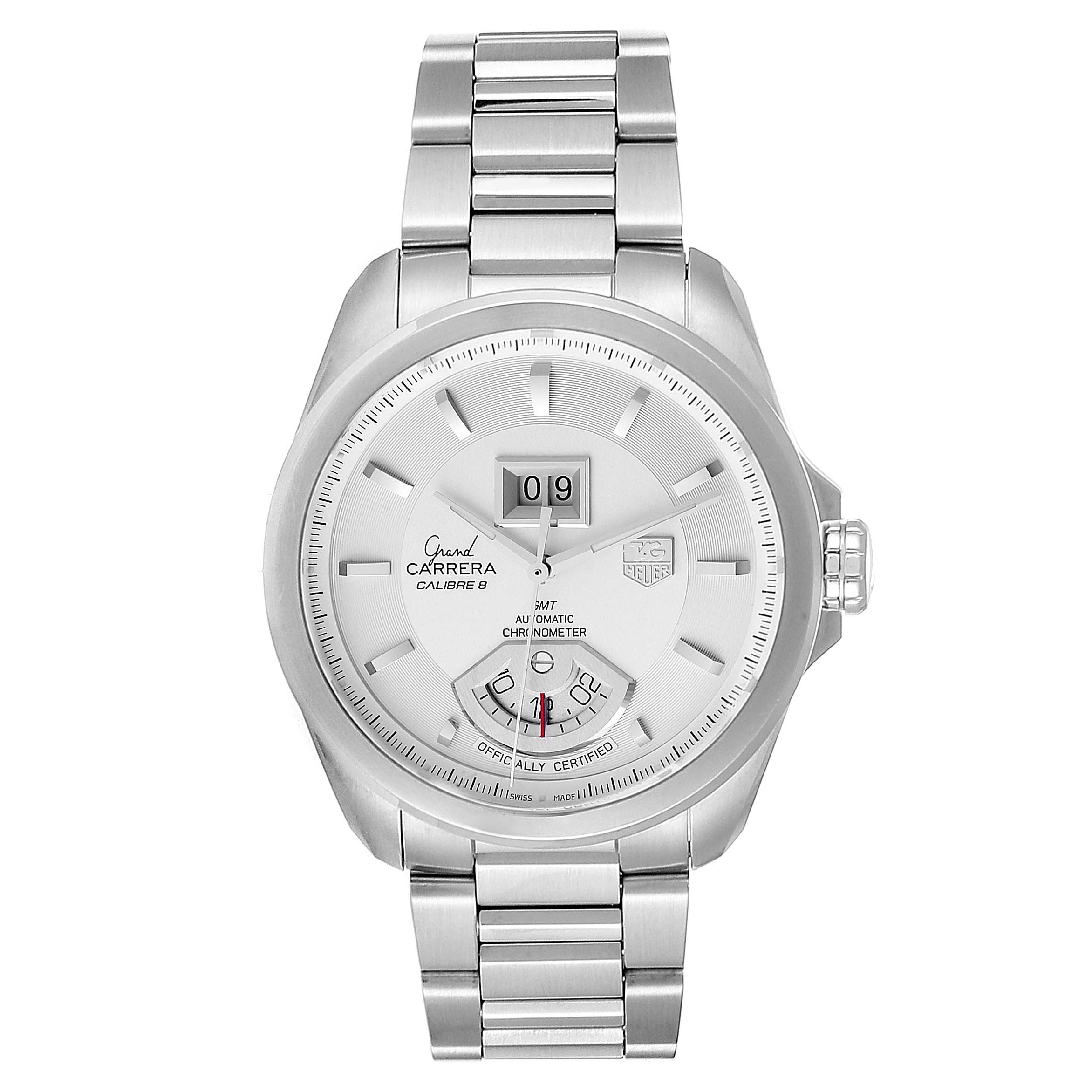 The image shows a frontal view of the Tag Heuer Carrera WAV5112.BA0901 Men's Stainless Steel Silver Dial WAV5112.BA0901 Men's Stainless Steel Silver Dial watch, including its dial, bracelet, and crown.