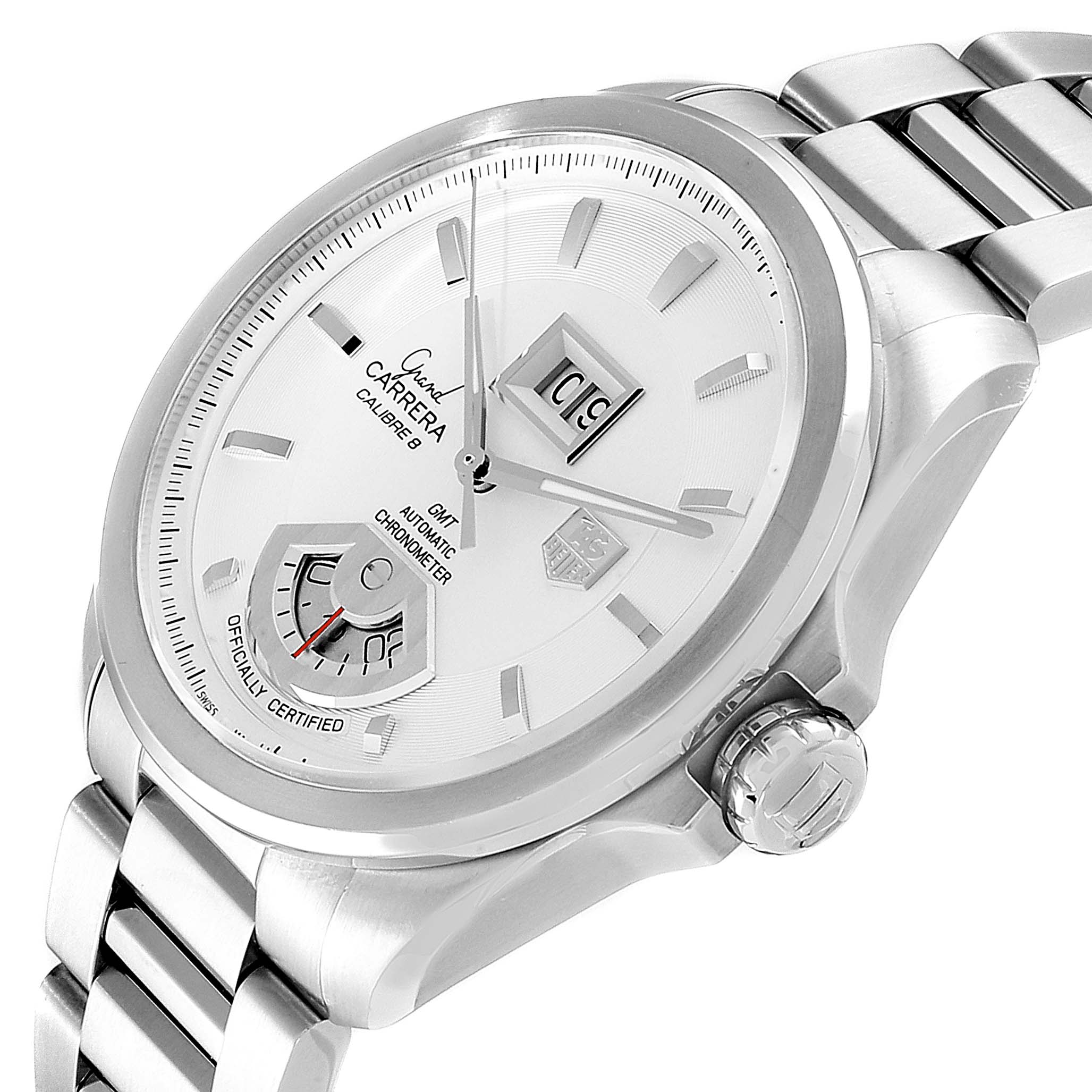 The image shows a Tag Heuer Carrera WAV5112.BA0901 Men's Stainless Steel Silver Dial WAV5112.BA0901 Men's Stainless Steel Silver Dial model watch at a slight angle, highlighting the dial, bezel, crown, and part of the bracelet.