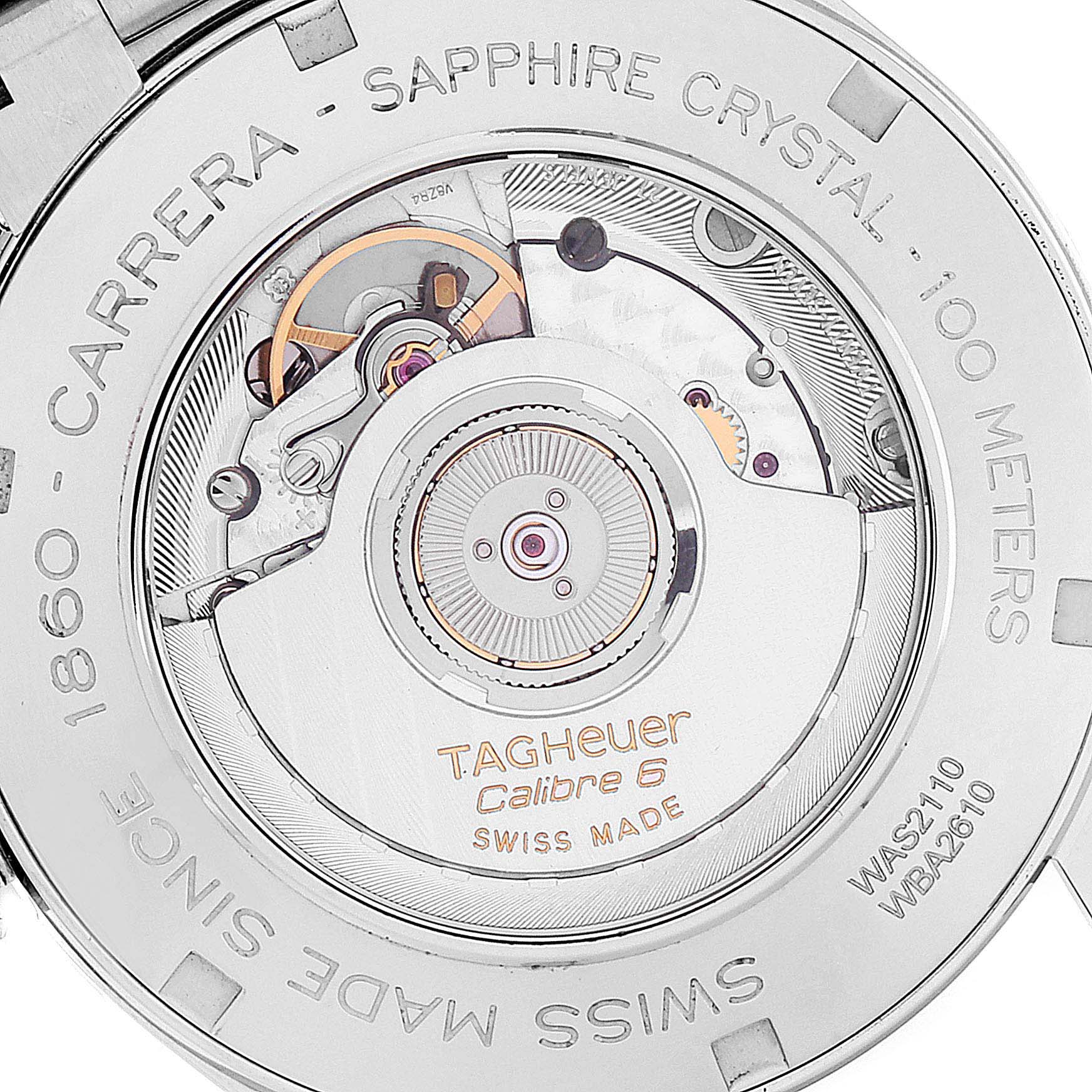 This image shows the back side of the Tag Heuer Carrera WAS2110.BA0732 Men's Stainless Steel Black Dial WAS2110.BA0732 Men's Stainless Steel Black Dial watch, highlighting its internal movement and markings on the case.