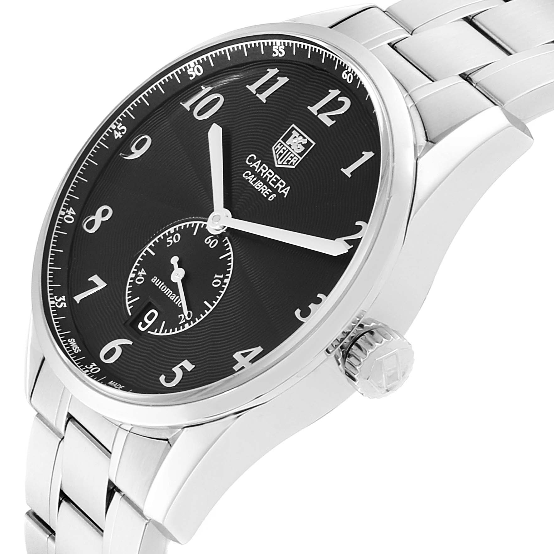 The Tag Heuer Carrera WAS2110.BA0732 Men's Stainless Steel Black Dial WAS2110.BA0732 Men's Stainless Steel Black Dial watch is shown at a slight angle, highlighting the watch face, crown, and part of the stainless steel bracelet.