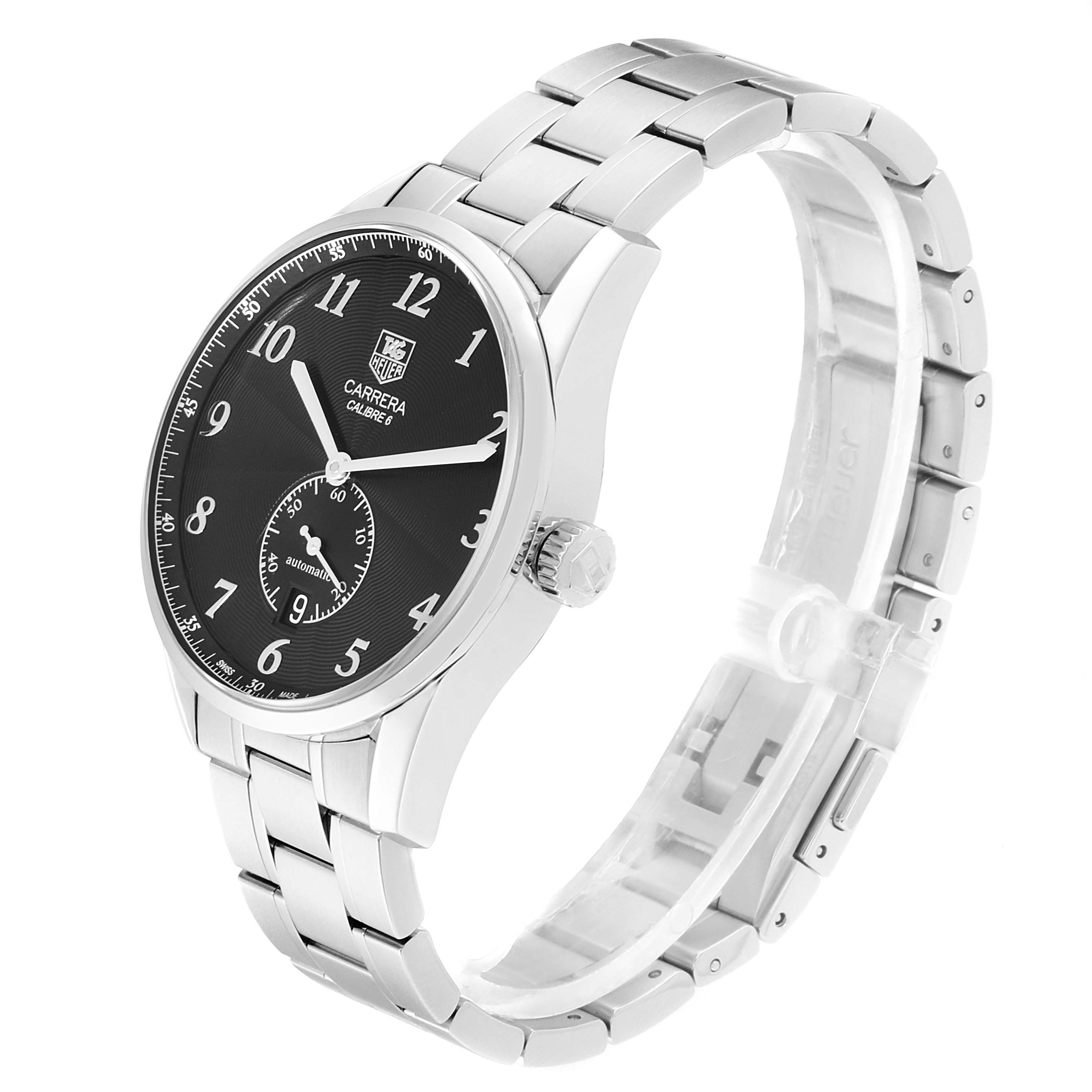 The Tag Heuer Carrera WAS2110.BA0732 Men's Stainless Steel Black Dial WAS2110.BA0732 Men's Stainless Steel Black Dial watch is shown from a side angle, displaying the face, bezel, crown, and stainless steel bracelet.