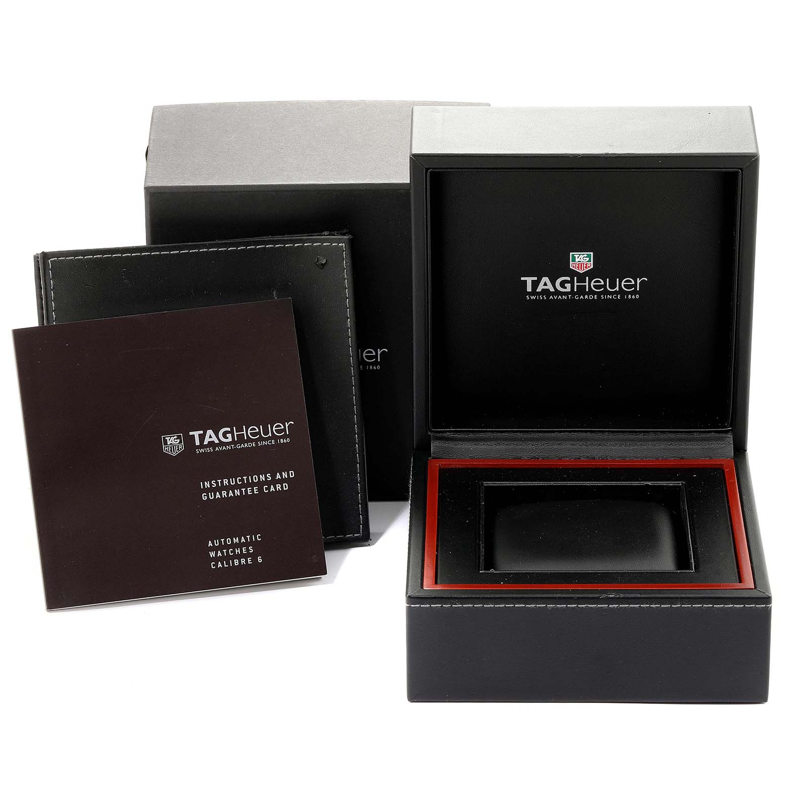 The image shows the packaging, box, and instruction booklet for a Tag Heuer Carrera WAS2110.BA0732 Men's Stainless Steel Black Dial WAS2110.BA0732 Men's Stainless Steel Black Dial watch.