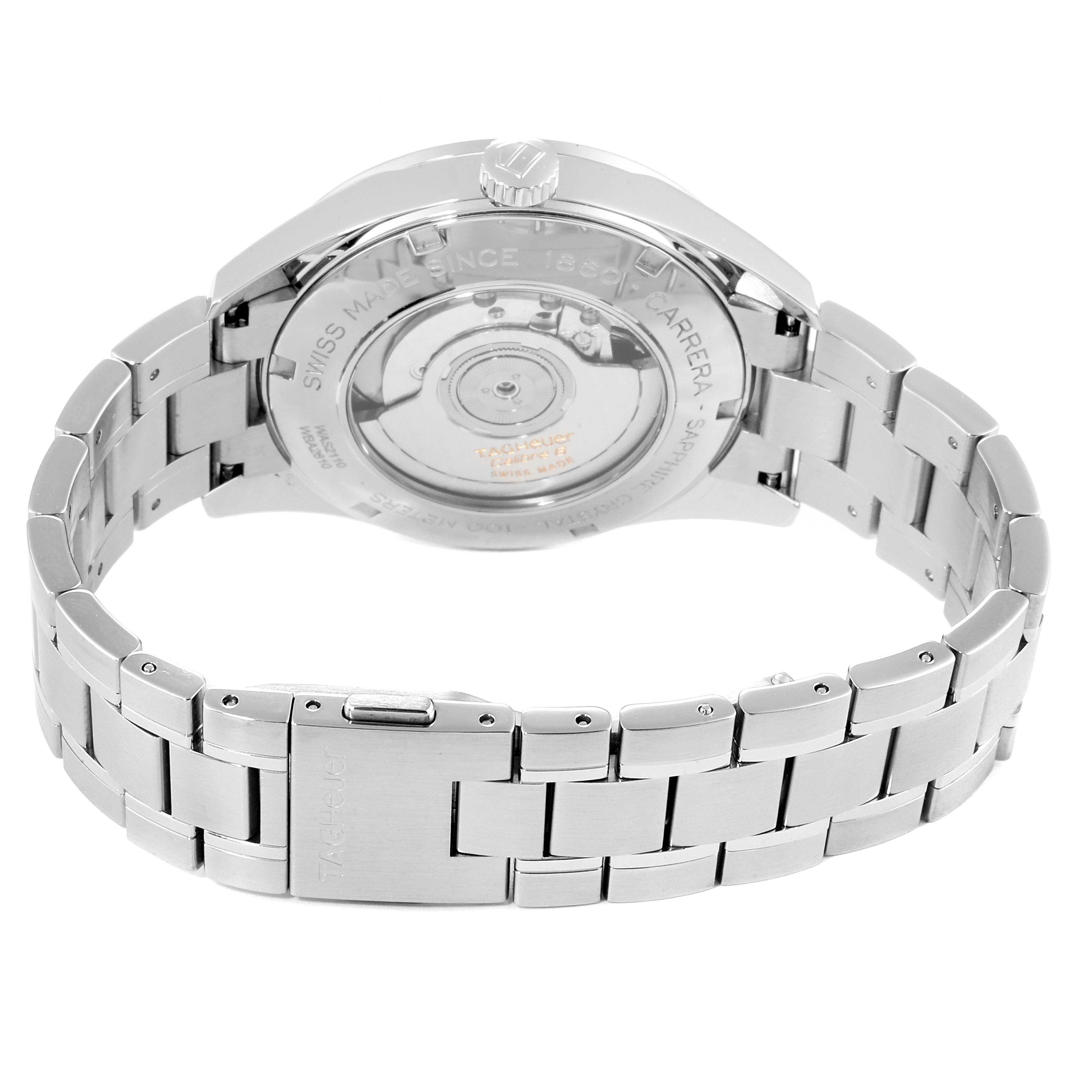 The image shows the back view of the Tag Heuer Carrera WAS2110.BA0732 Men's Stainless Steel Black Dial WAS2110.BA0732 Men's Stainless Steel Black Dial watch, focusing on its case back, bracelet, and clasp.