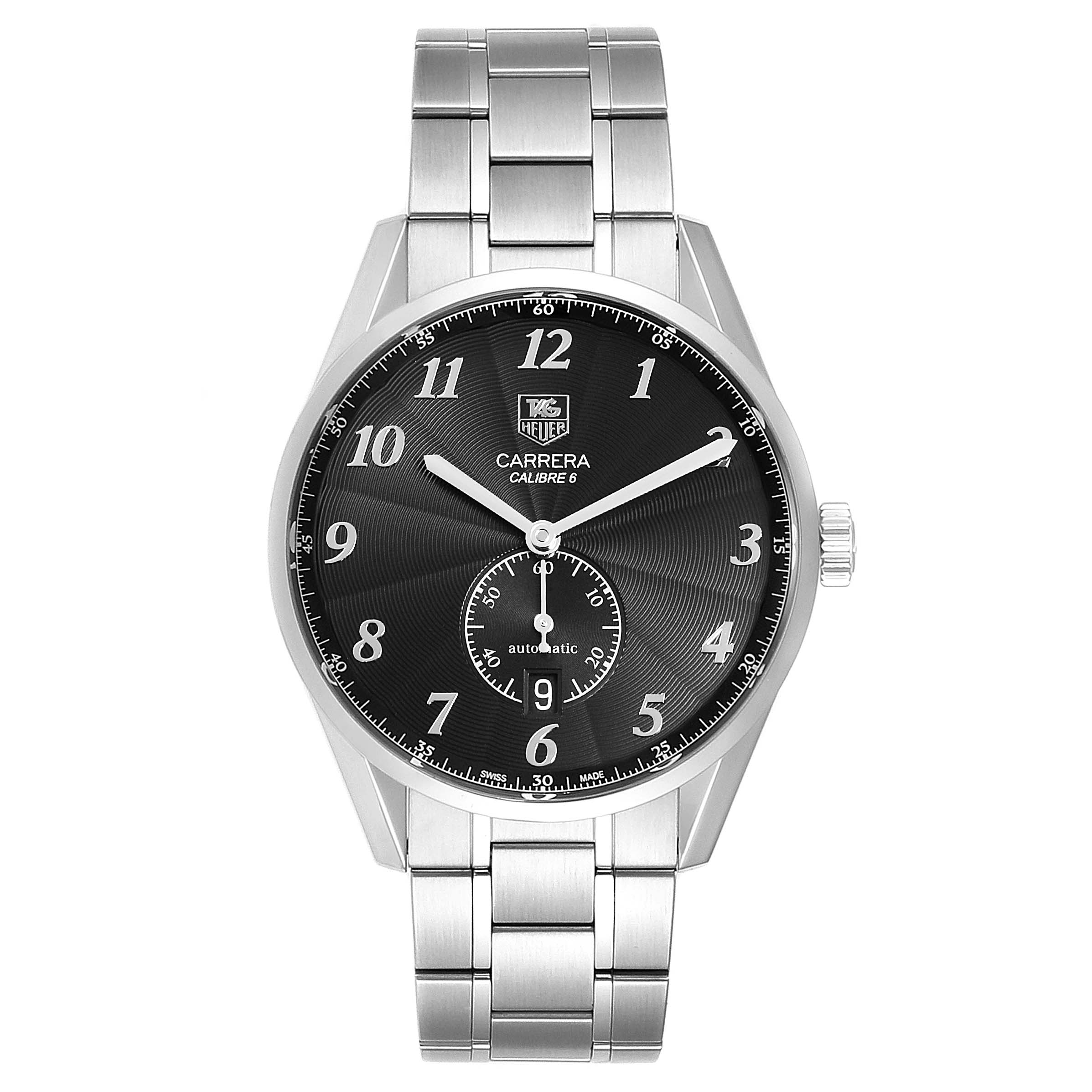 The image shows a front view of a Tag Heuer Carrera WAS2110.BA0732 Men's Stainless Steel Black Dial WAS2110.BA0732 Men's Stainless Steel Black Dial watch with a metal bracelet and a black dial.