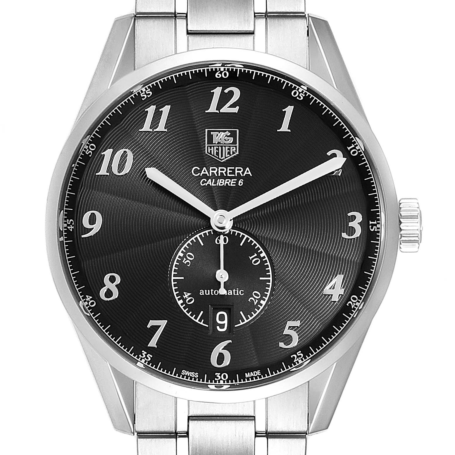 The image shows a front view of the Tag Heuer Carrera WAS2110.BA0732 Men's Stainless Steel Black Dial WAS2110.BA0732 Men's Stainless Steel Black Dial Calibre 6 watch, featuring a black dial, stainless steel case, and bracelet.