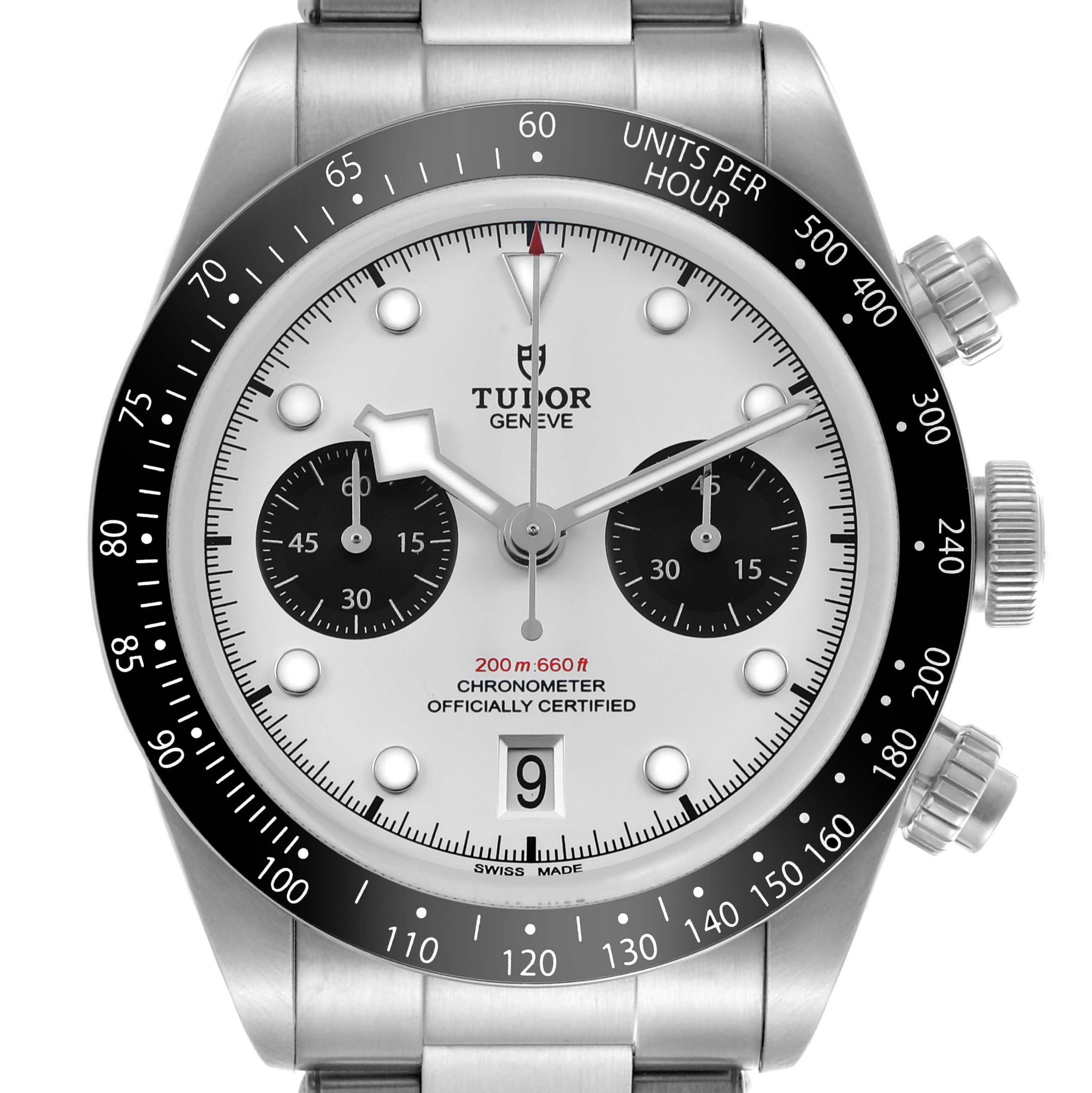 The image shows a front view of the Tudor Heritage Black Bay M79360N-0012 Men's Stainless Steel Silver Dial watch, highlighting its dial, bezel, and chronograph buttons.