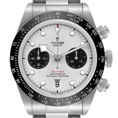 The image shows a front view of the Tudor Heritage Black Bay M79360N-0012 Men's Stainless Steel Silver Dial watch, displaying its dial, chronograph subdials, and rotating bezel.