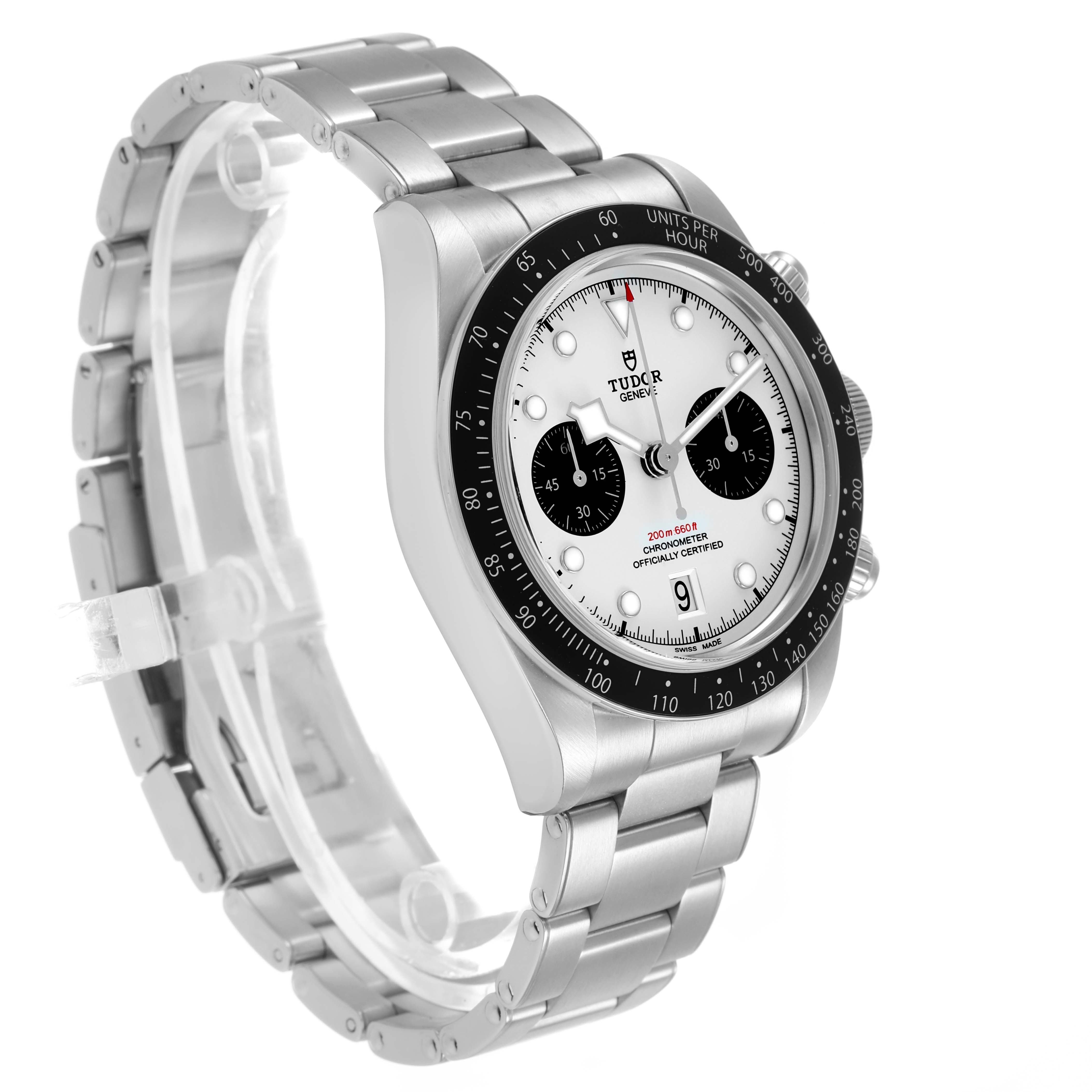 The Tudor Heritage Black Bay M79360N-0012 Men's Stainless Steel Silver Dial watch is shown at a three-quarter angle highlighting the face, bezel, crown, and bracelet.
