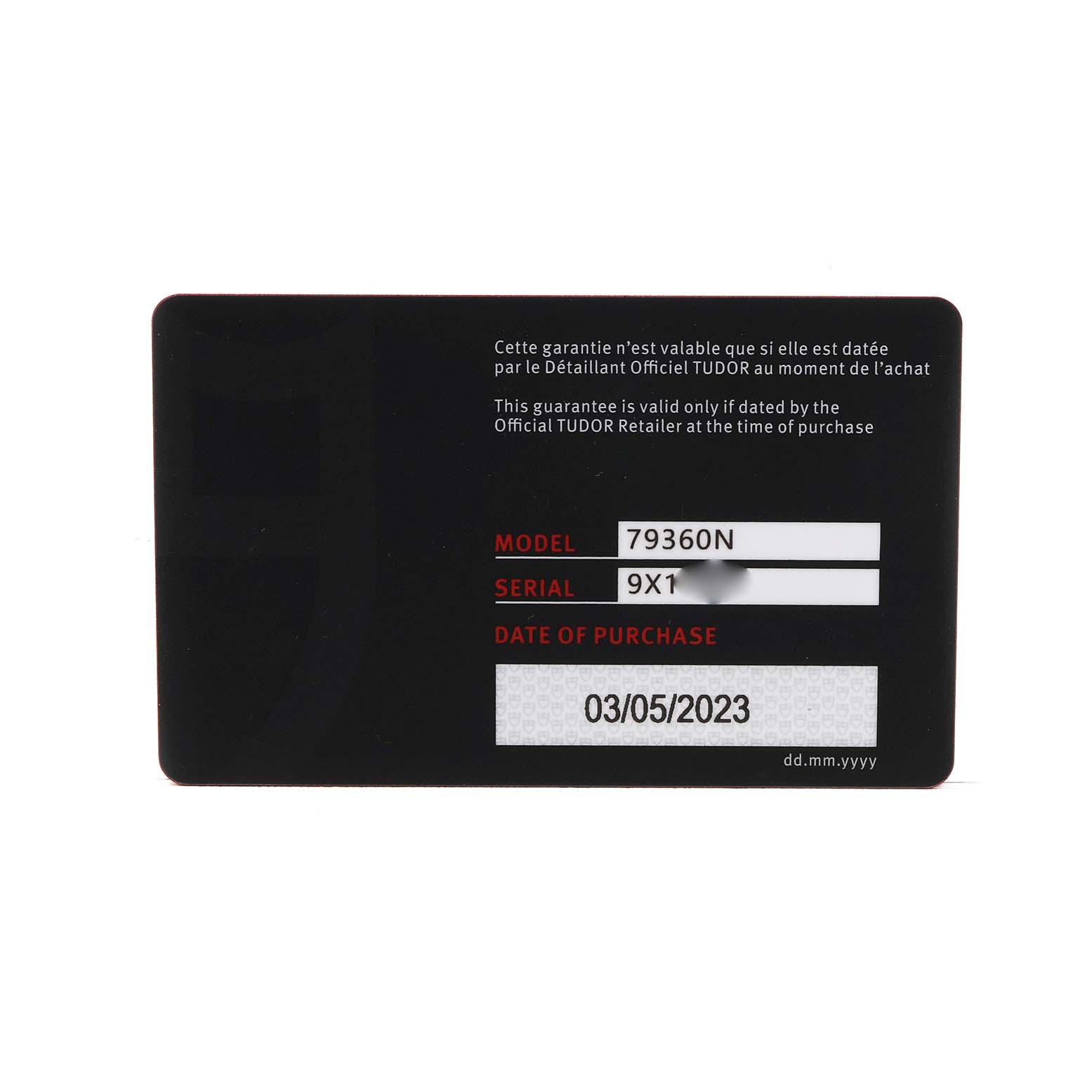 The image shows a warranty card for the Tudor Heritage Black Bay M79360N-0012 Men's Stainless Steel Silver Dial watch, displaying model, serial number, and purchase date.