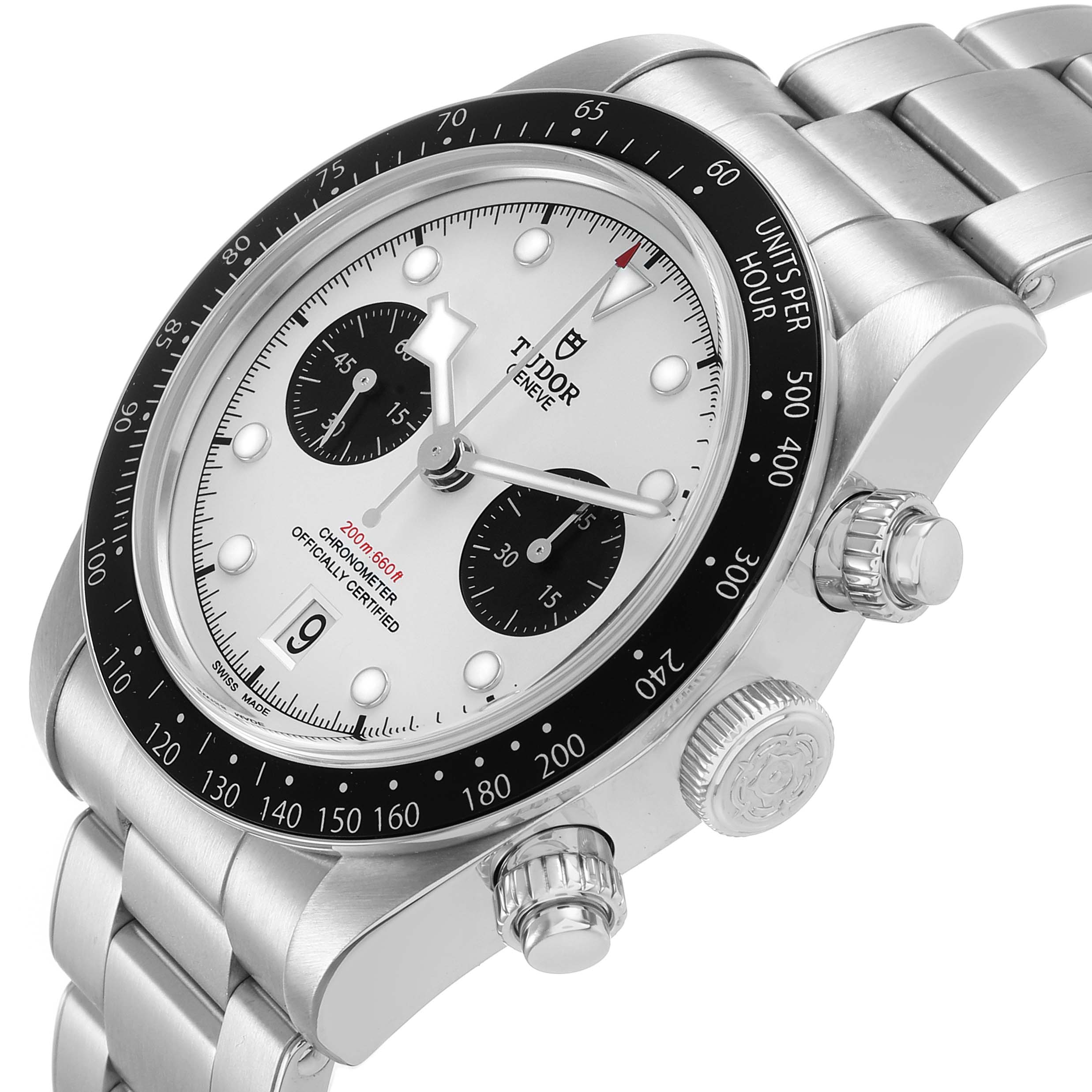 The Tudor Heritage Black Bay M79360N-0012 Men's Stainless Steel Silver Dial watch is shown at an angled side view, highlighting the dial, bezel, crown, and bracelet links.