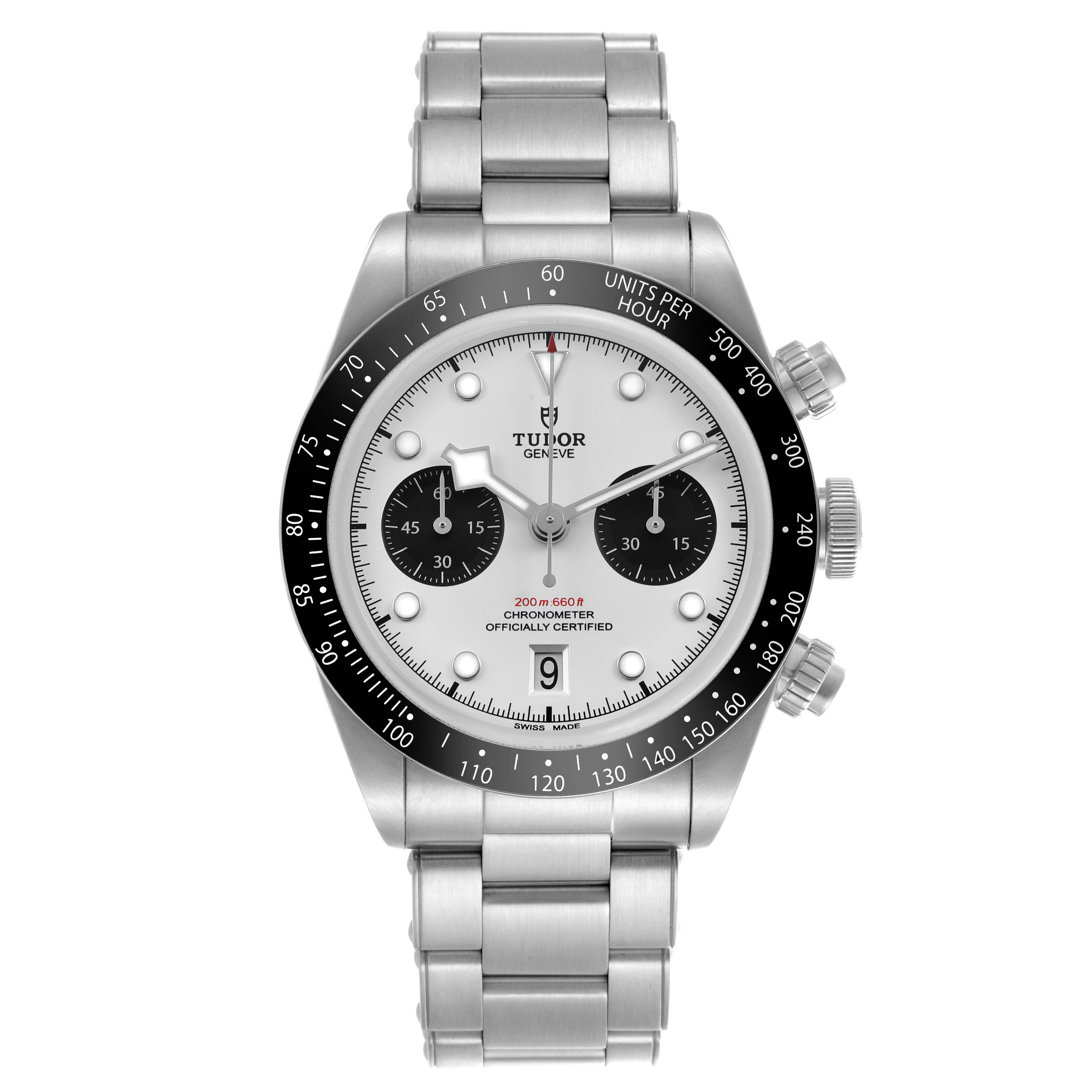 The Tudor Heritage Black Bay M79360N-0012 Men's Stainless Steel Silver Dial watch is shown from a front angle, displaying its face, bezel, and stainless steel bracelet.