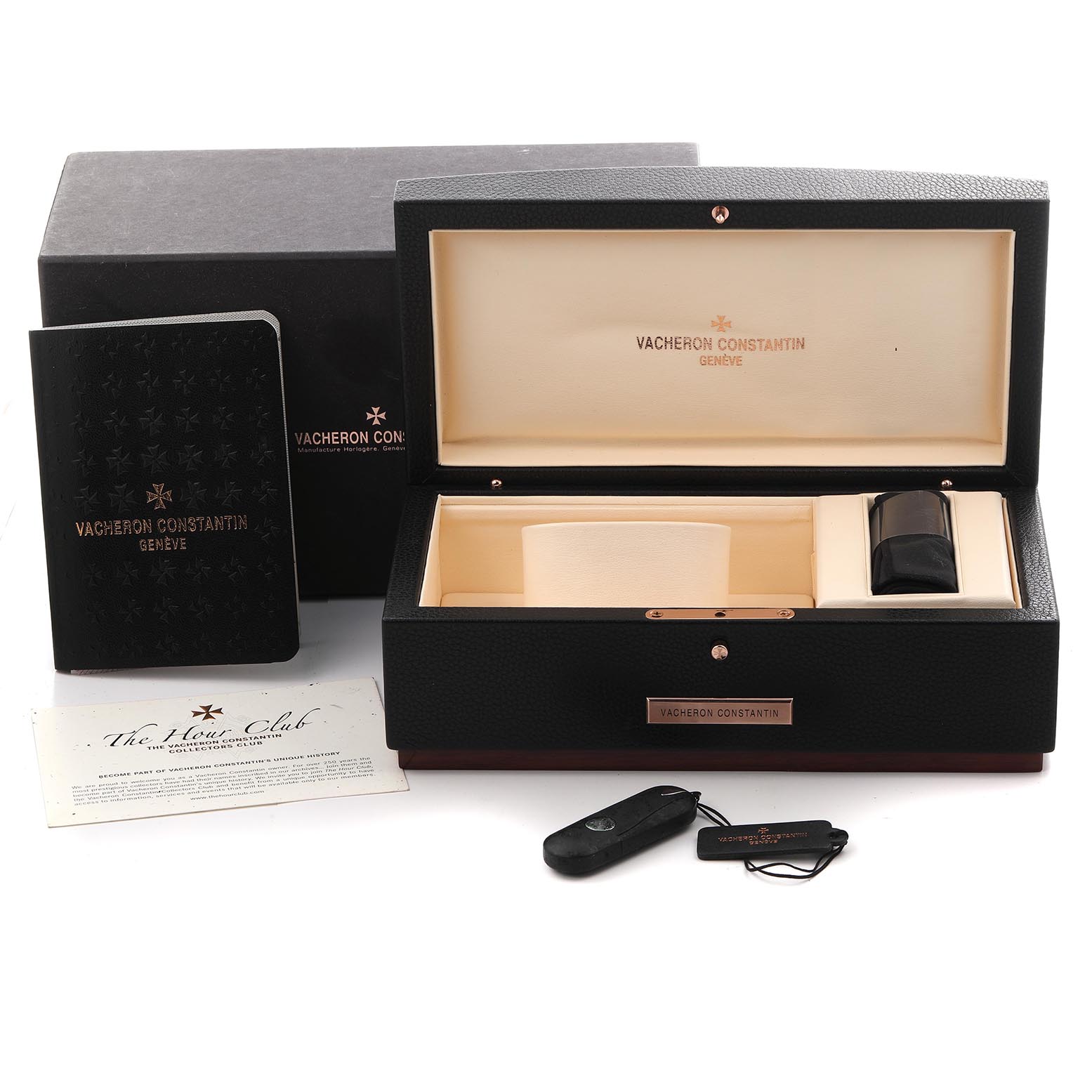 The image shows a Vacheron Constantin Traditionnelle 47192/000B-9828 Men
s White Gold Silver Dial 47192/000B-9828 Men
s White Gold Silver Dial watch presentation box set, including the box, booklet, and accessories, viewed from the front.