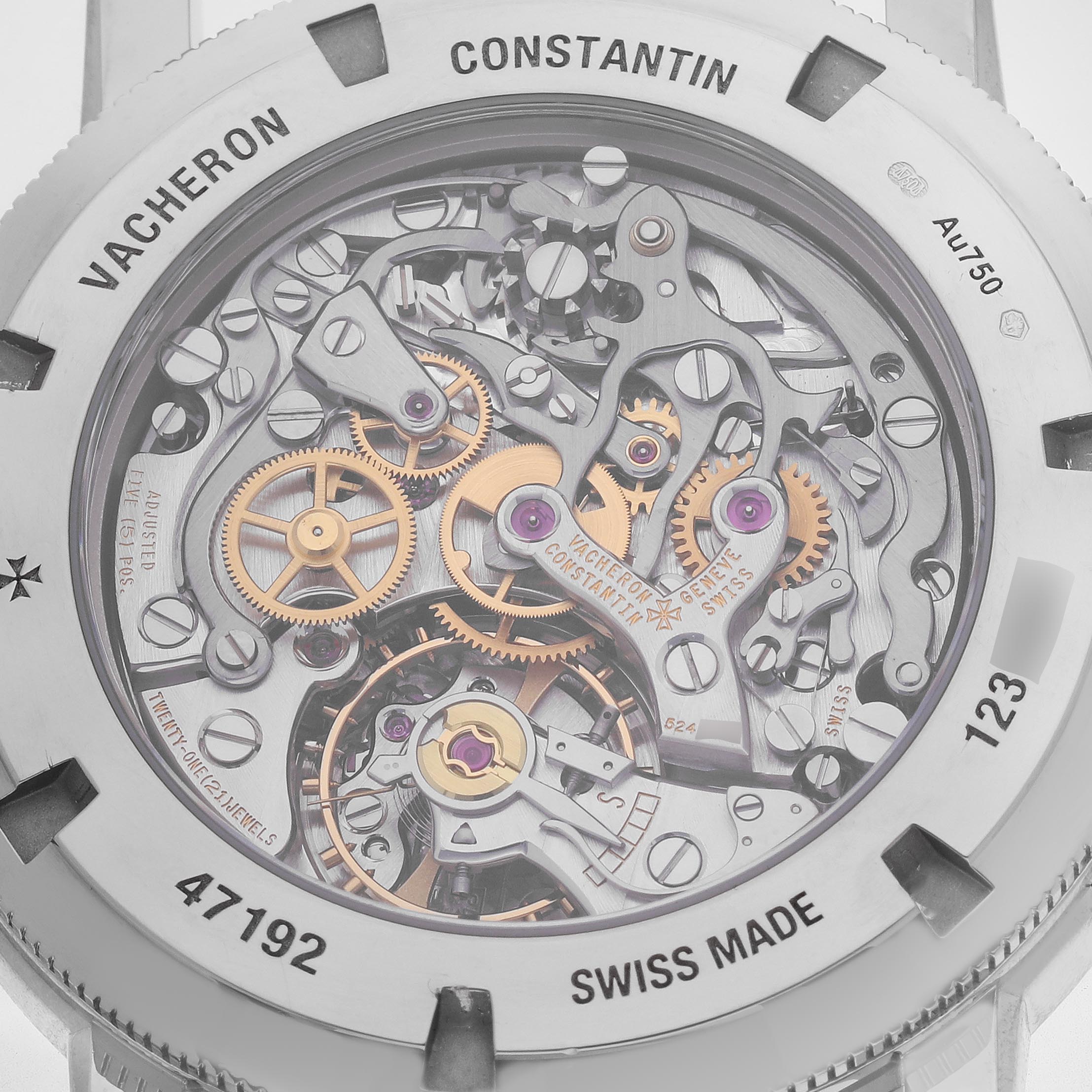 The image shows the intricate mechanical movement of the Vacheron Constantin Traditionnelle 47192/000B-9828 Men
s White Gold Silver Dial 47192/000B-9828 Men
s White Gold Silver Dial watch from the back view.