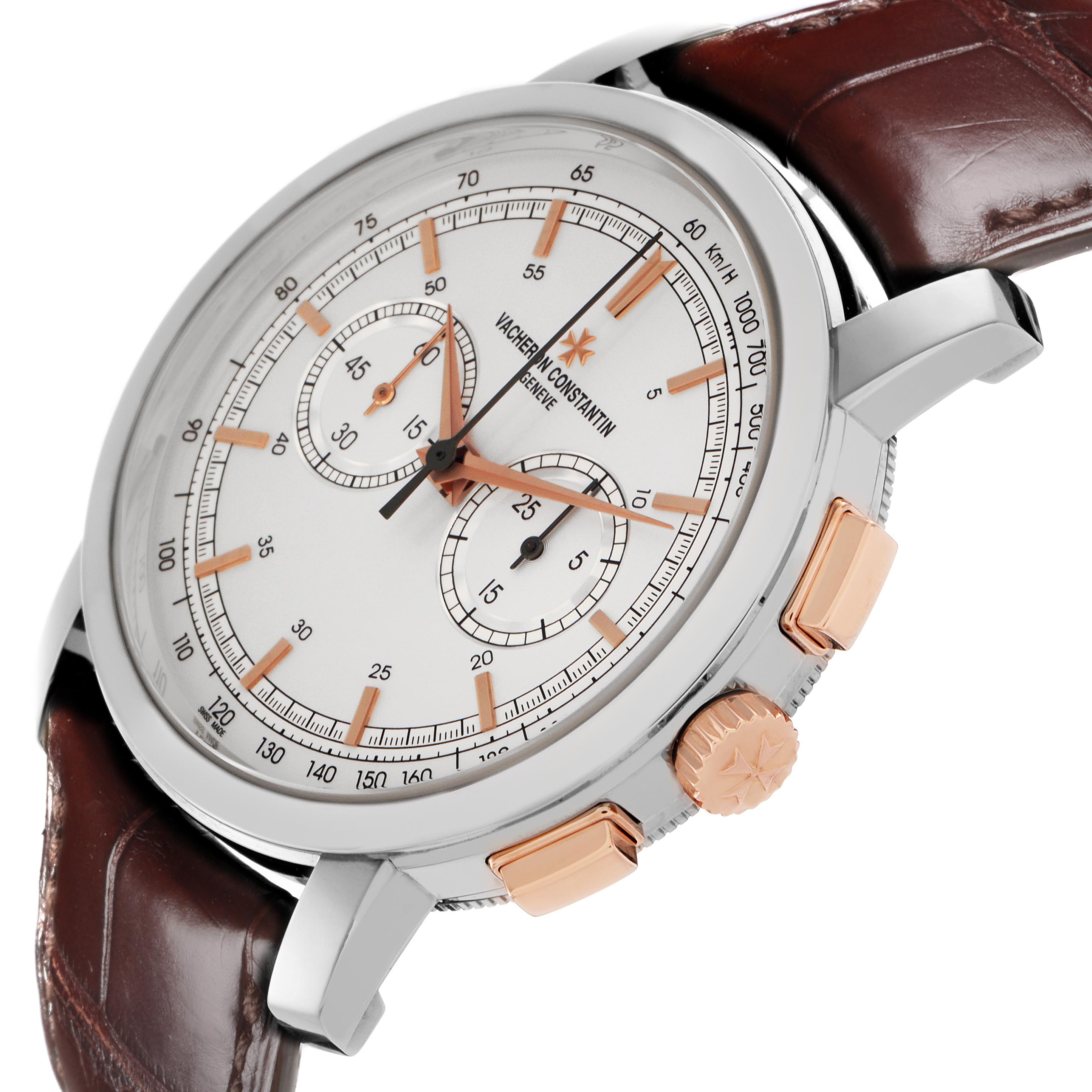 The Vacheron Constantin Traditionnelle 47192/000B-9828 Men
s White Gold Silver Dial 47192/000B-9828 Men
s White Gold Silver Dial watch is shown at a slight angled side view, highlighting the dial, crown, pushers, and strap.