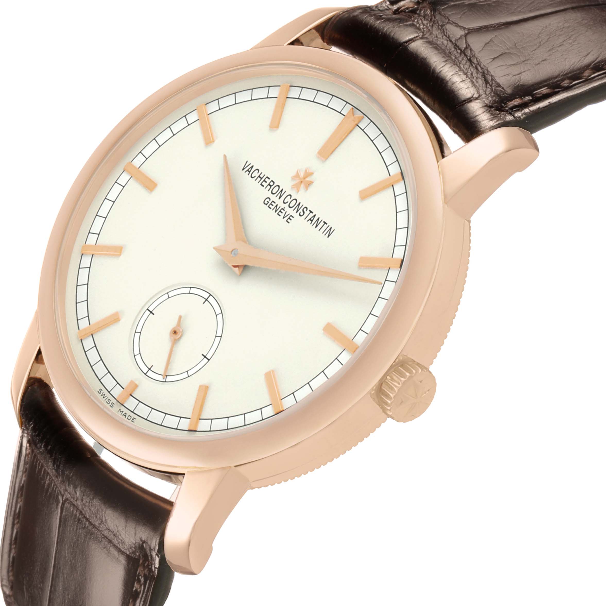 The Vacheron Constantin Traditionnelle 82172 Men's Rose Gold Silver Dial watch is shown at a slight angle, highlighting the face, crown, and leather strap.