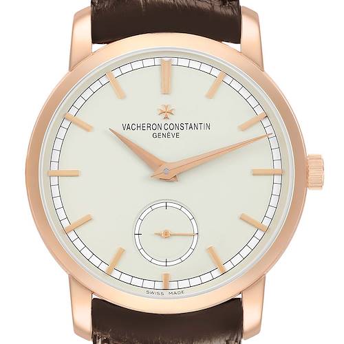 The Vacheron Constantin Traditionnelle 82172 Men's Rose Gold Silver Dial watch is shown from the front, displaying the dial, hands, and crown.
