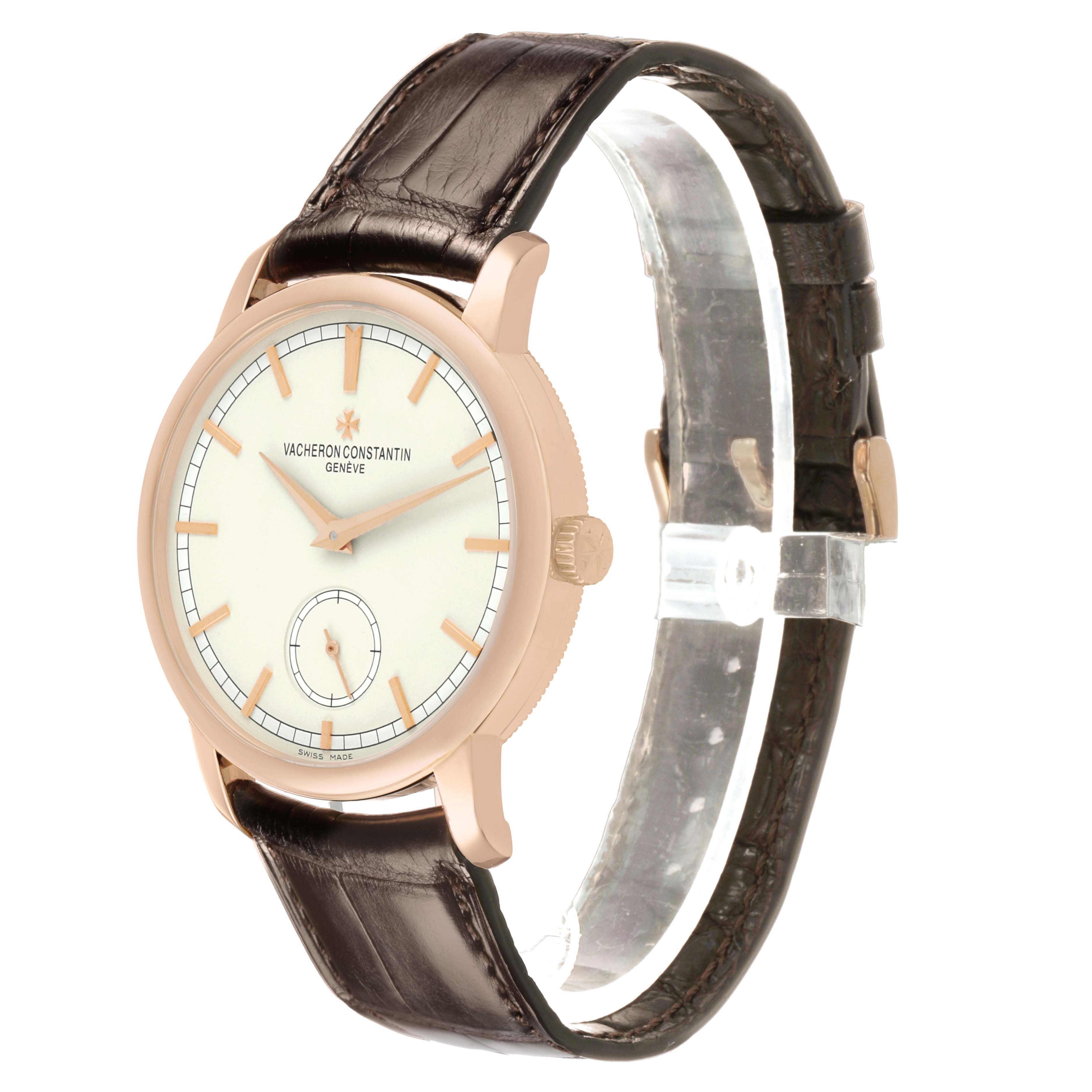 The Vacheron Constantin Traditionnelle 82172 Men's Rose Gold Silver Dial watch is shown at a slight side angle, highlighting the dial, case, crown, and strap.