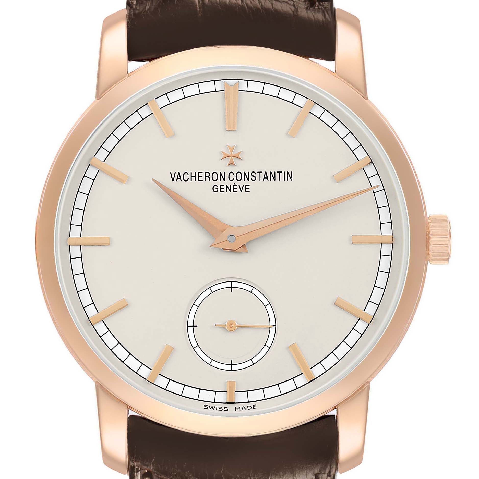 The Vacheron Constantin Traditionnelle 82172 Men's Rose Gold Silver Dial watch is shown head-on, displaying its dial, hands, markers, and crown.