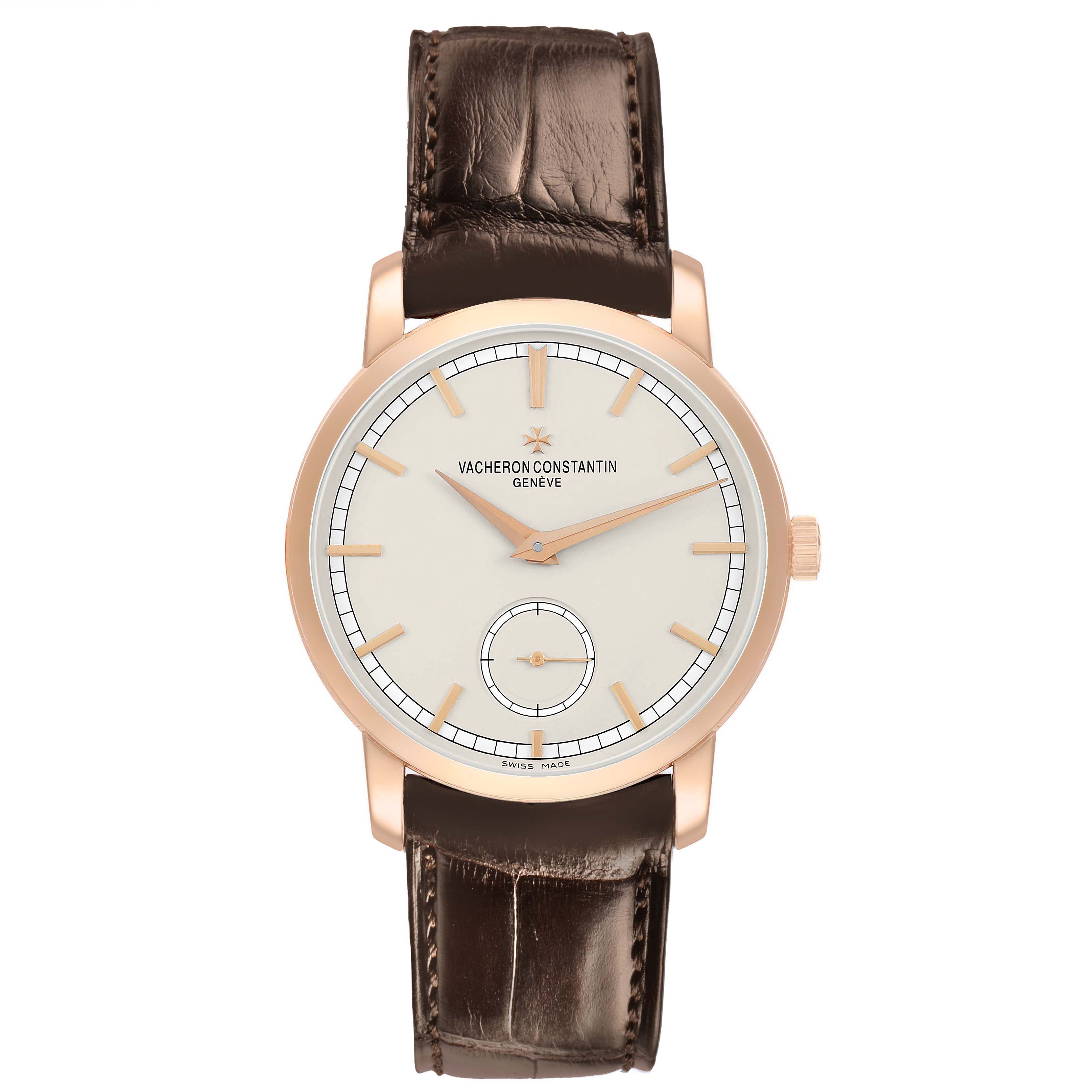 The Vacheron Constantin Traditionnelle 82172 Men's Rose Gold Silver Dial watch is shown from the front, displaying its face, hands, indices, and leather strap.