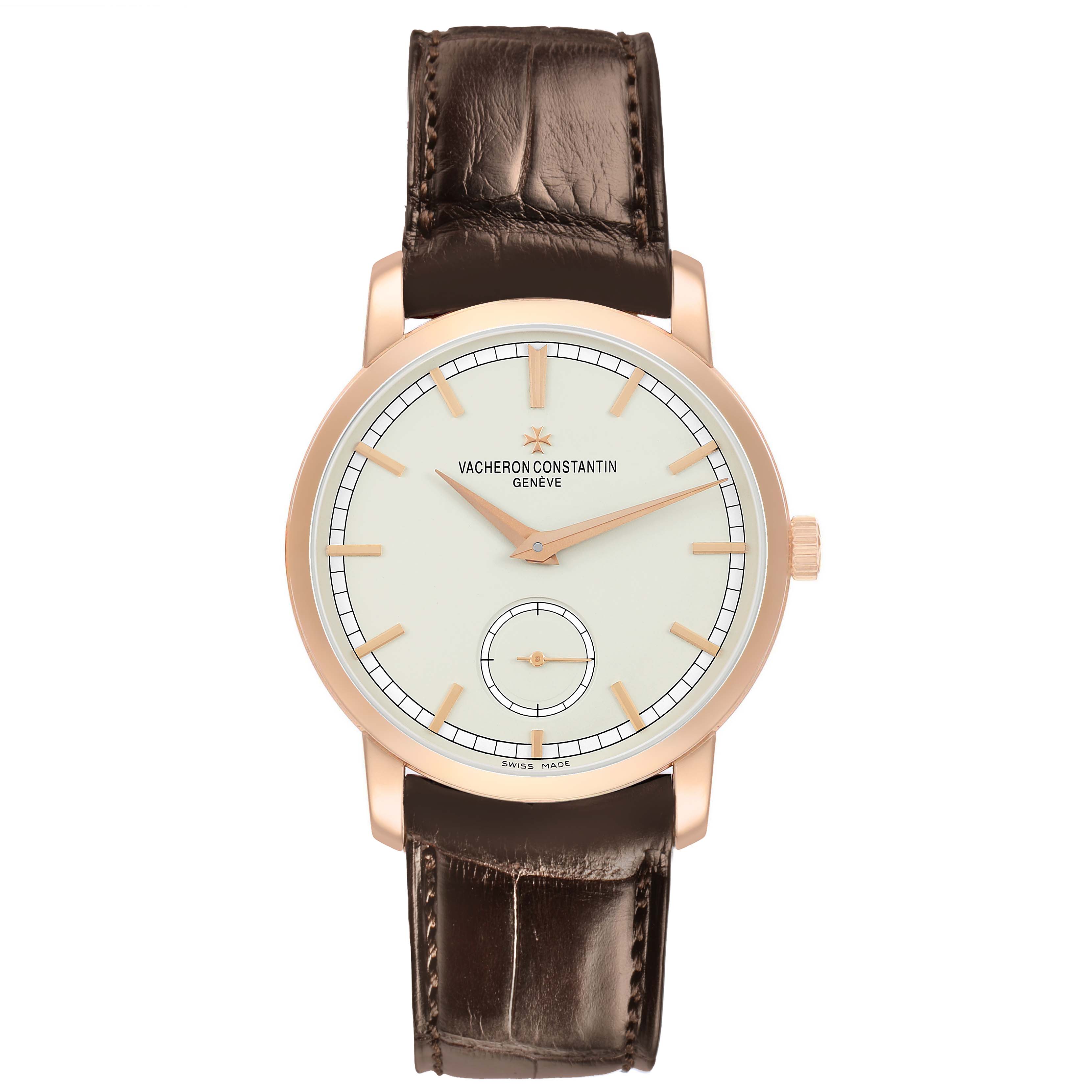 The Vacheron Constantin Traditionnelle 82172 Men's Rose Gold Silver Dial watch is shown from the front, displaying the dial, hands, and brown leather strap.