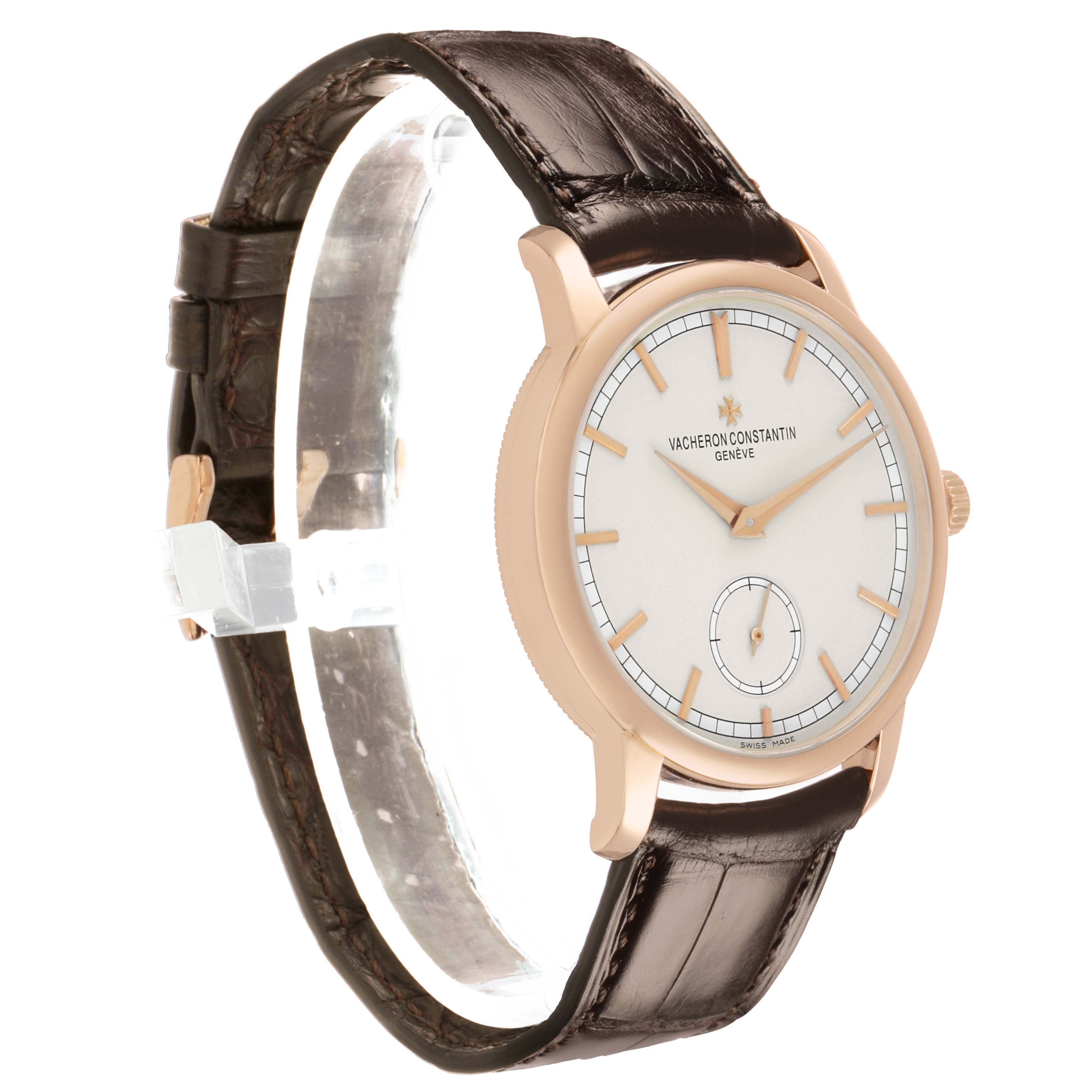 The Vacheron Constantin Traditionnelle 82172 Men's Rose Gold Silver Dial watch is shown at a three-quarter angle, highlighting its face, case, and leather strap.