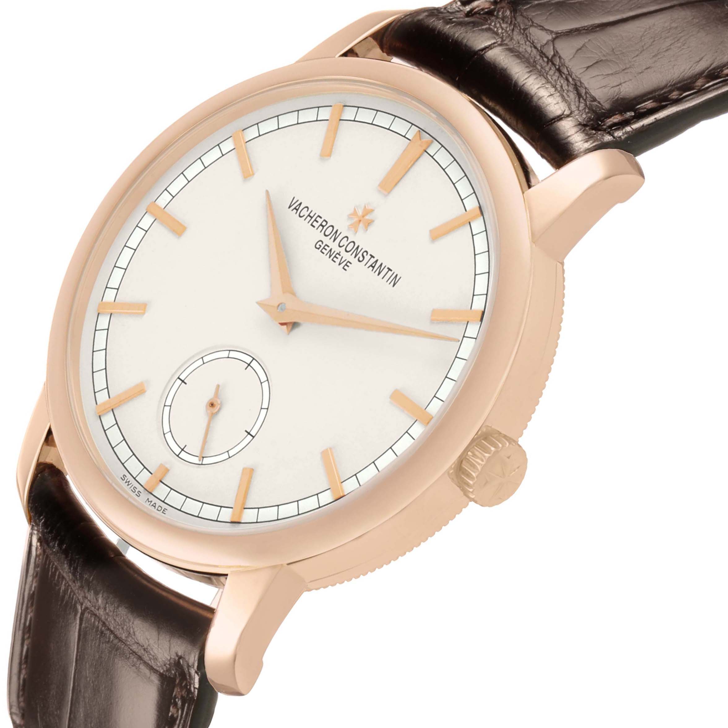 The Vacheron Constantin Traditionnelle 82172 Men's Rose Gold Silver Dial watch is shown at a slight angle, highlighting the dial, crown, and part of the strap.