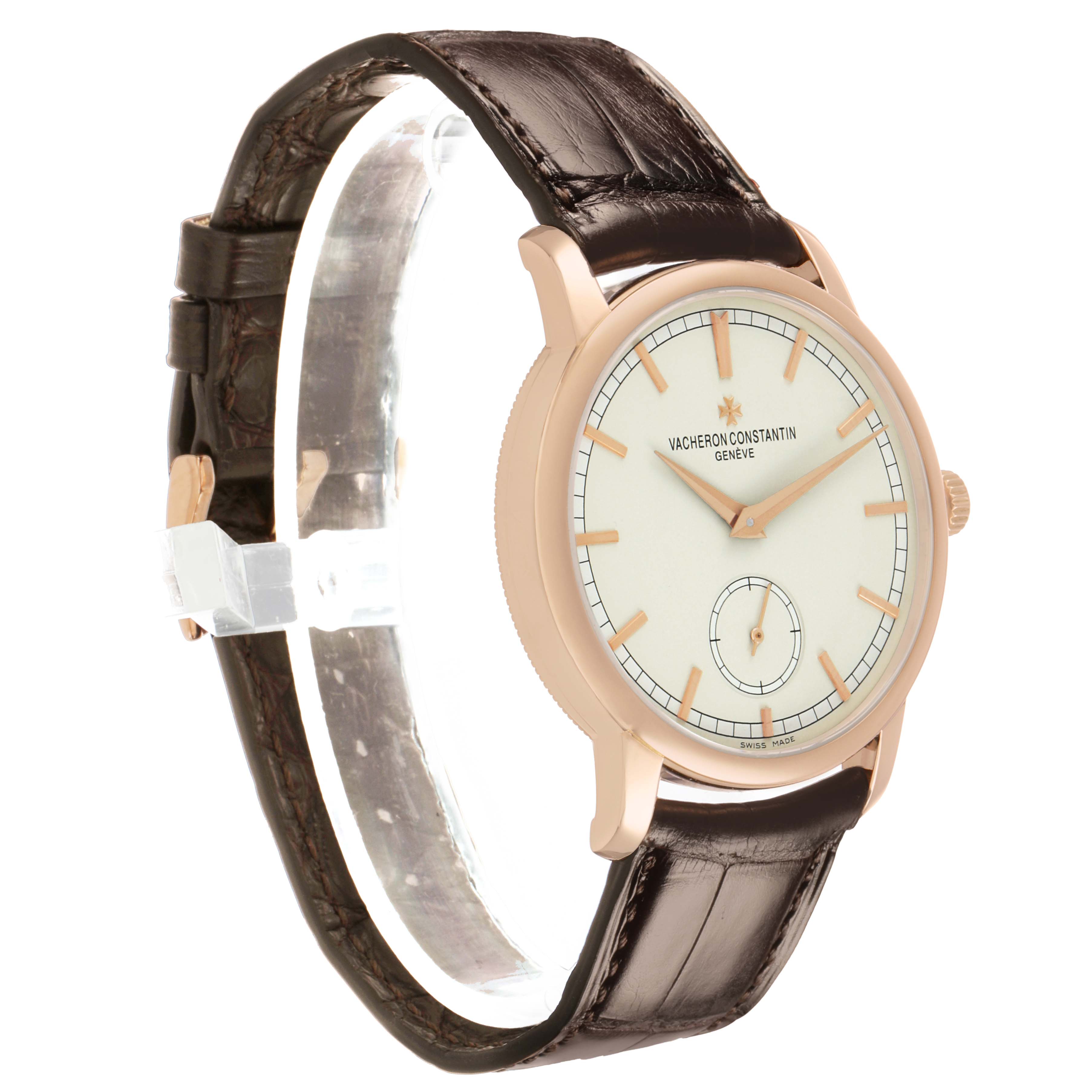 The Vacheron Constantin Traditionnelle 82172 Men's Rose Gold Silver Dial watch is shown at a three-quarter angle, highlighting the dial, case, and leather strap.