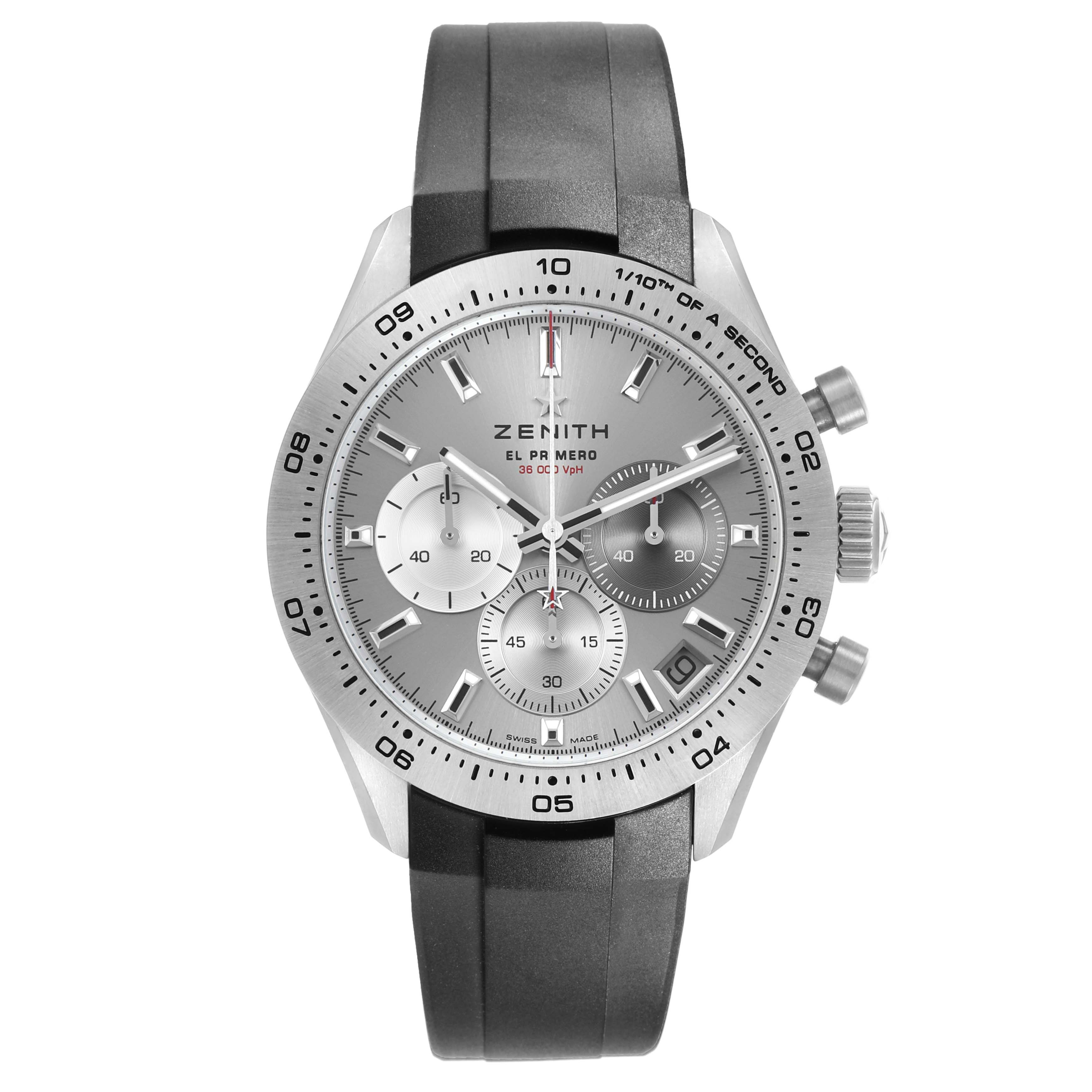 The Zenith Chronomaster 95.3100.3600 / 39.R951 Men's Titanium Silver Dial watch is shown from a front angle, displaying its face, strap, chronograph dials, and crown.