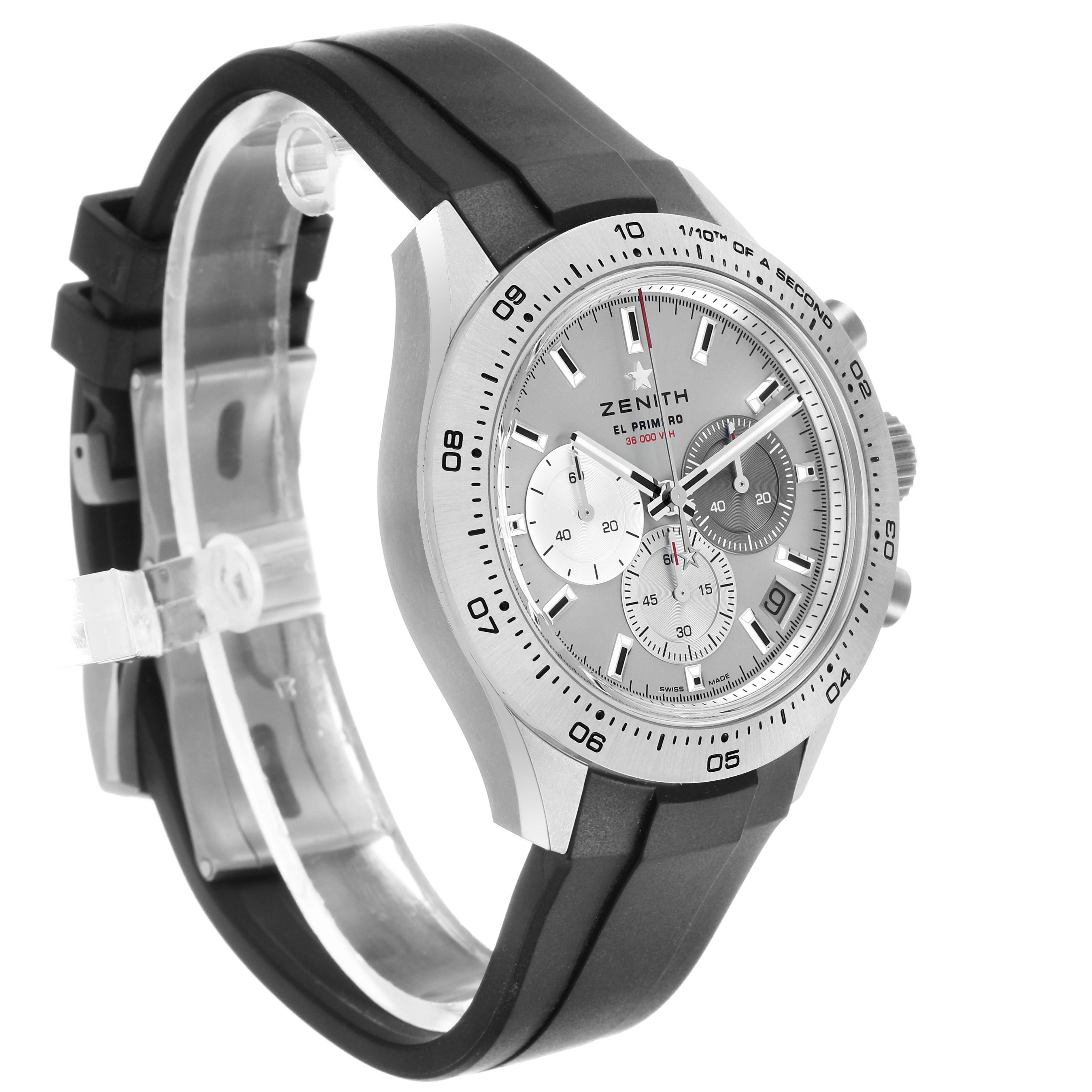 The Zenith Chronomaster 95.3100.3600 / 39.R951 Men's Titanium Silver Dial watch is shown at an angled side view, displaying the dial, bezel, crown, and strap.