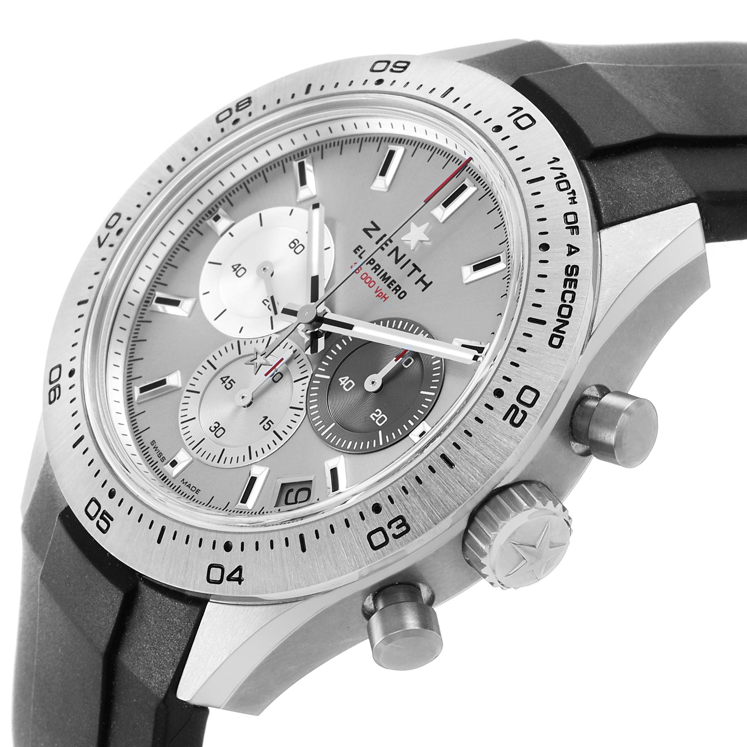 The Zenith Chronomaster 95.3100.3600 / 39.R951 Men's Titanium Silver Dial watch is shown at an angle displaying the face, bezel, crown, and pushers.