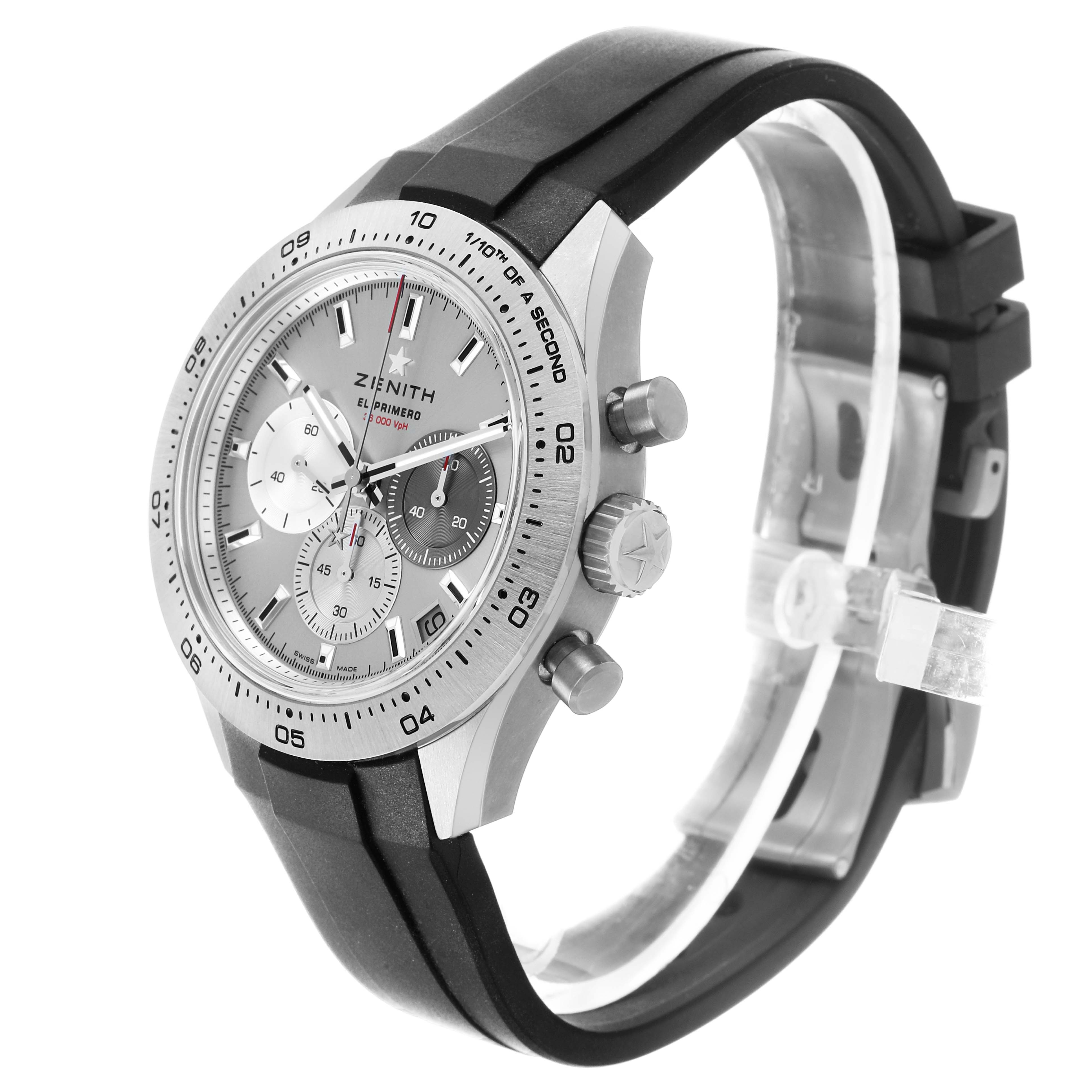 The Zenith Chronomaster 95.3100.3600 / 39.R951 Men's Titanium Silver Dial watch is shown from a three-quarter angle, highlighting the face, bezel, crown, and pushers.