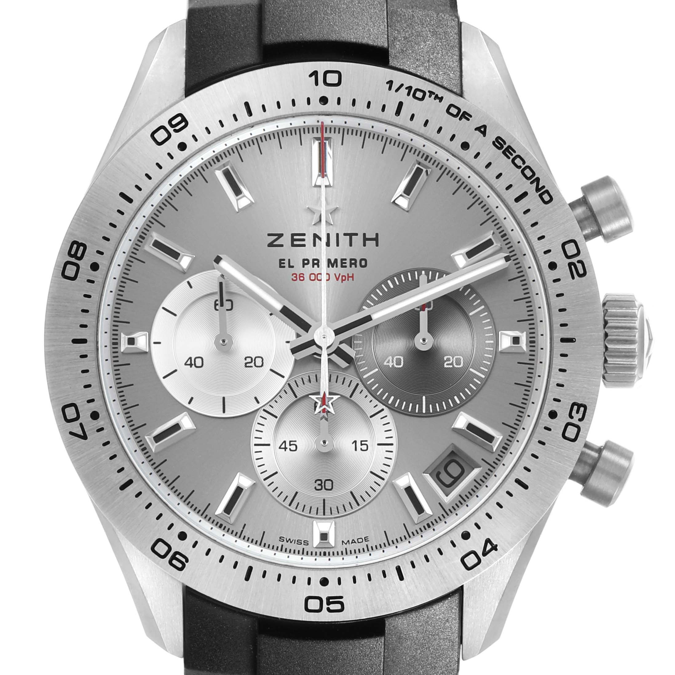 The Zenith Chronomaster 95.3100.3600 / 39.R951 Men's Titanium Silver Dial watch is shown from the front, displaying the dial, bezel, and chronograph subdials.