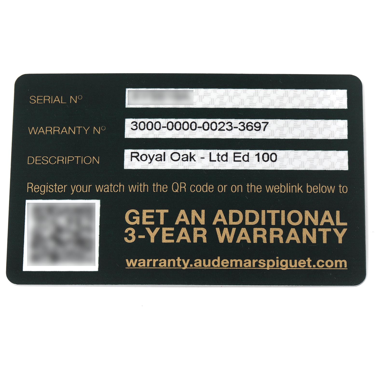 The image shows a warranty card for the Audemars Piguet Royal Oak 15452BC.ZY.D600CR.01 Women's White Gold Purple Dial 15452BC.ZY.D600CR.01 Women's White Gold Purple Dial model, featuring warranty details and a QR code.