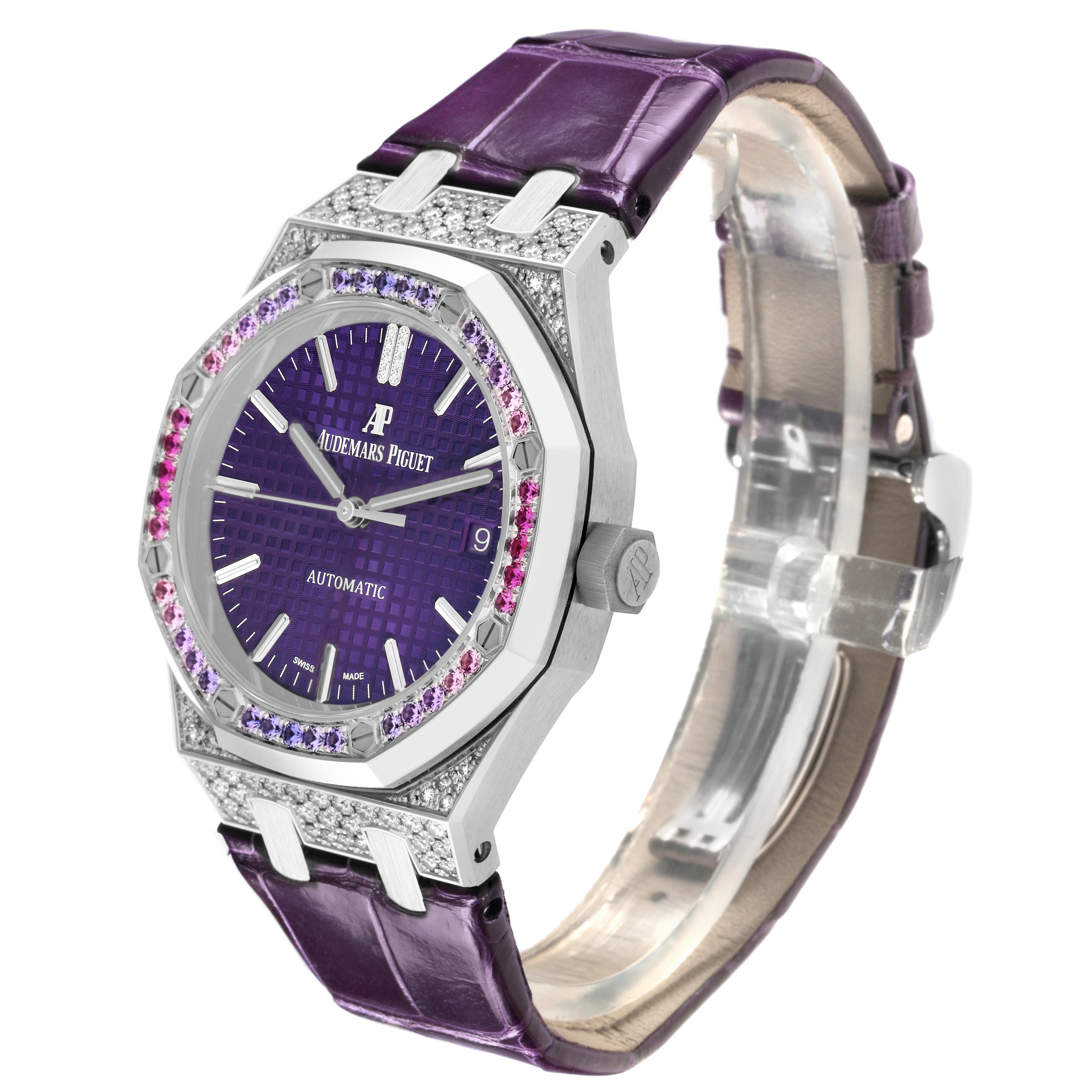 The Audemars Piguet Royal Oak 15452BC.ZY.D600CR.01 Women's White Gold Purple Dial 15452BC.ZY.D600CR.01 Women's White Gold Purple Dial watch is shown at a three-quarter angle, highlighting the bezel, dial, crown, and purple strap.