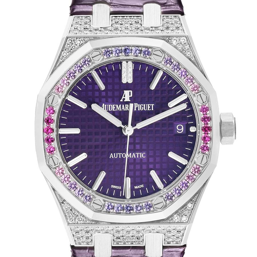 The Audemars Piguet Royal Oak watch is shown from the front, highlighting its purple dial, gem-set bezel, and crown on the right.