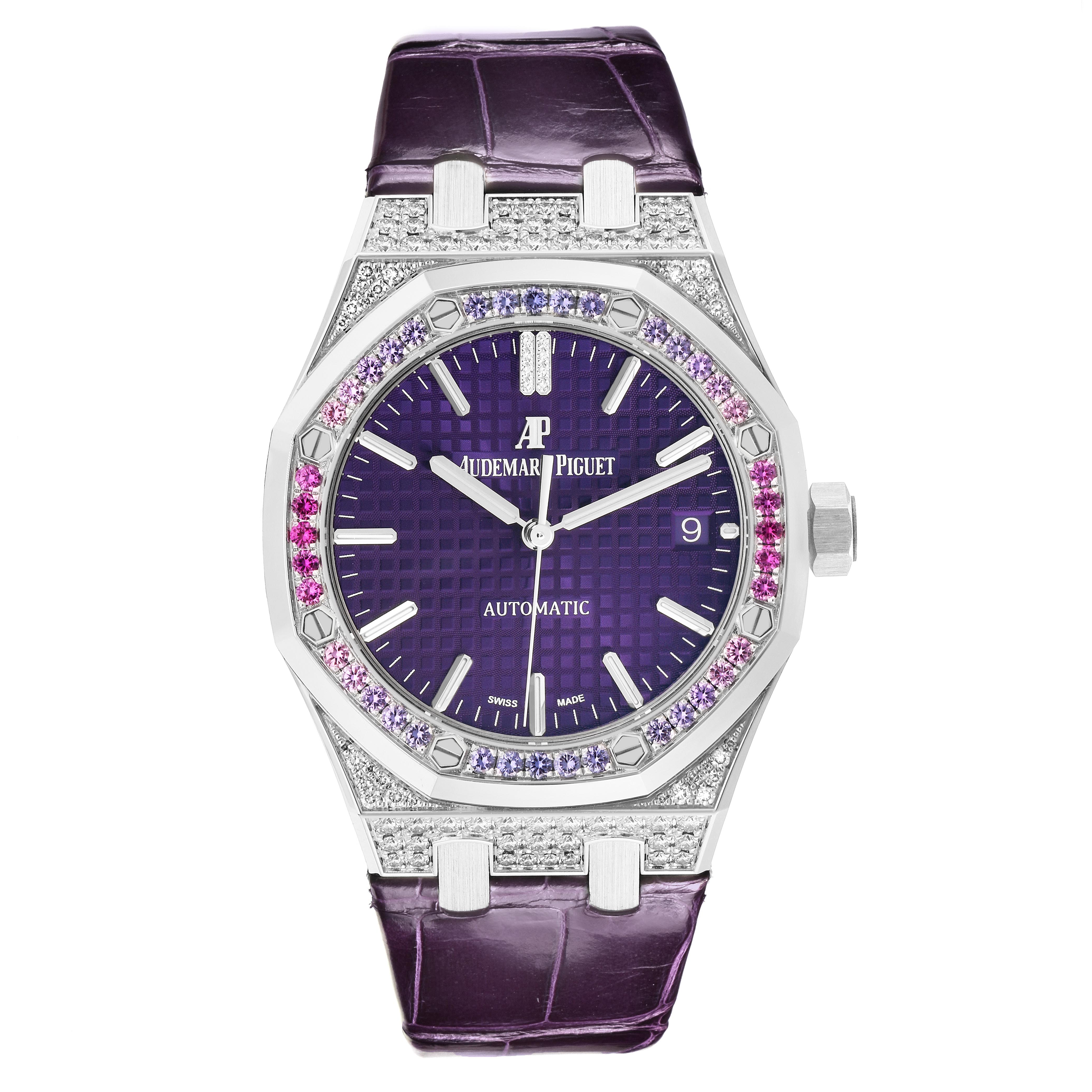 The image shows a front view of an Audemars Piguet Royal Oak 15452BC.ZY.D600CR.01 Women's White Gold Purple Dial 15452BC.ZY.D600CR.01 Women's White Gold Purple Dial watch, highlighting its purple dial, gem-set bezel, and leather strap.