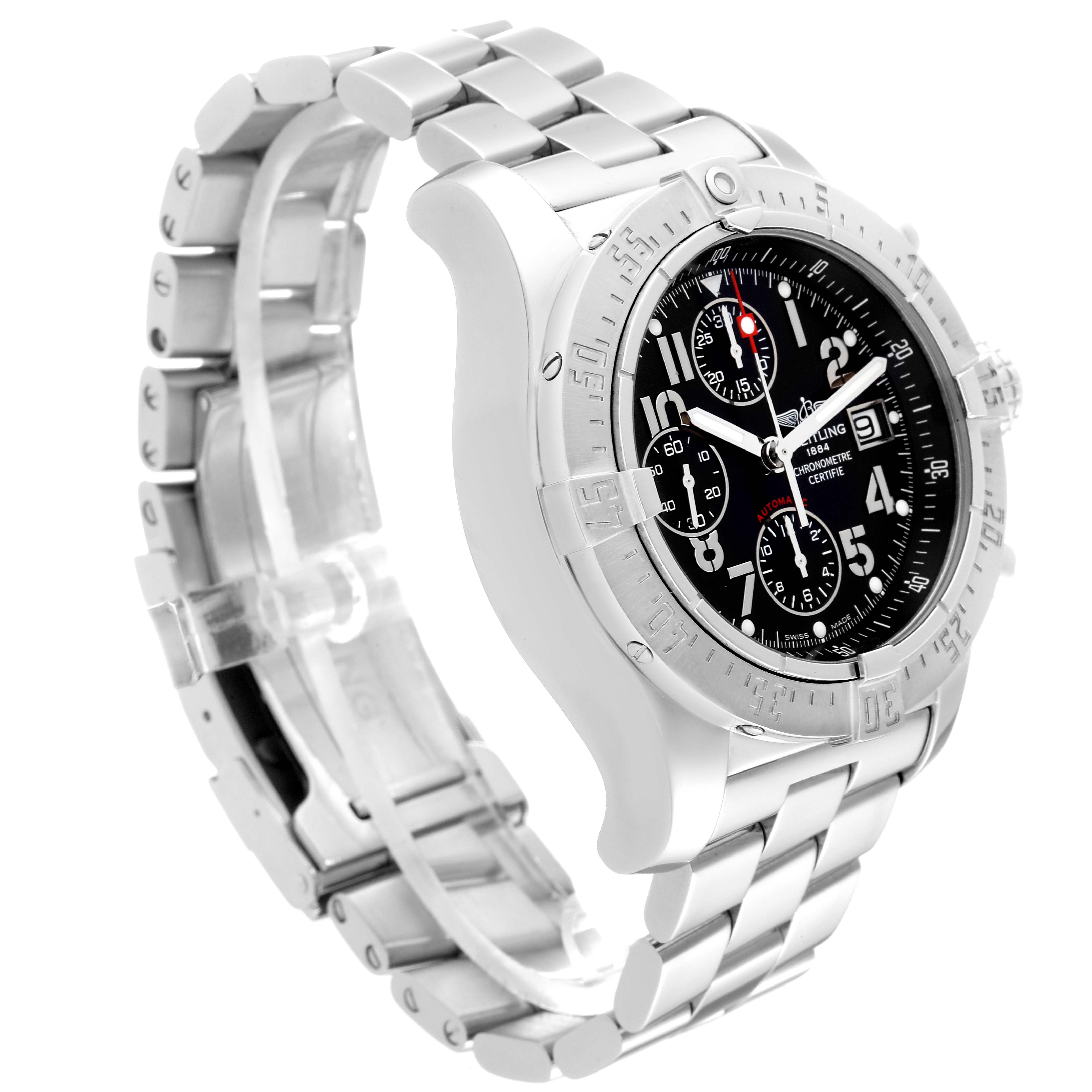 The image shows a side angle of the Breitling Avenger A13380 Men's Stainless Steel Black Dial A13380 Men's Stainless Steel Black Dial model watch, highlighting its face, bezel, and metal bracelet.