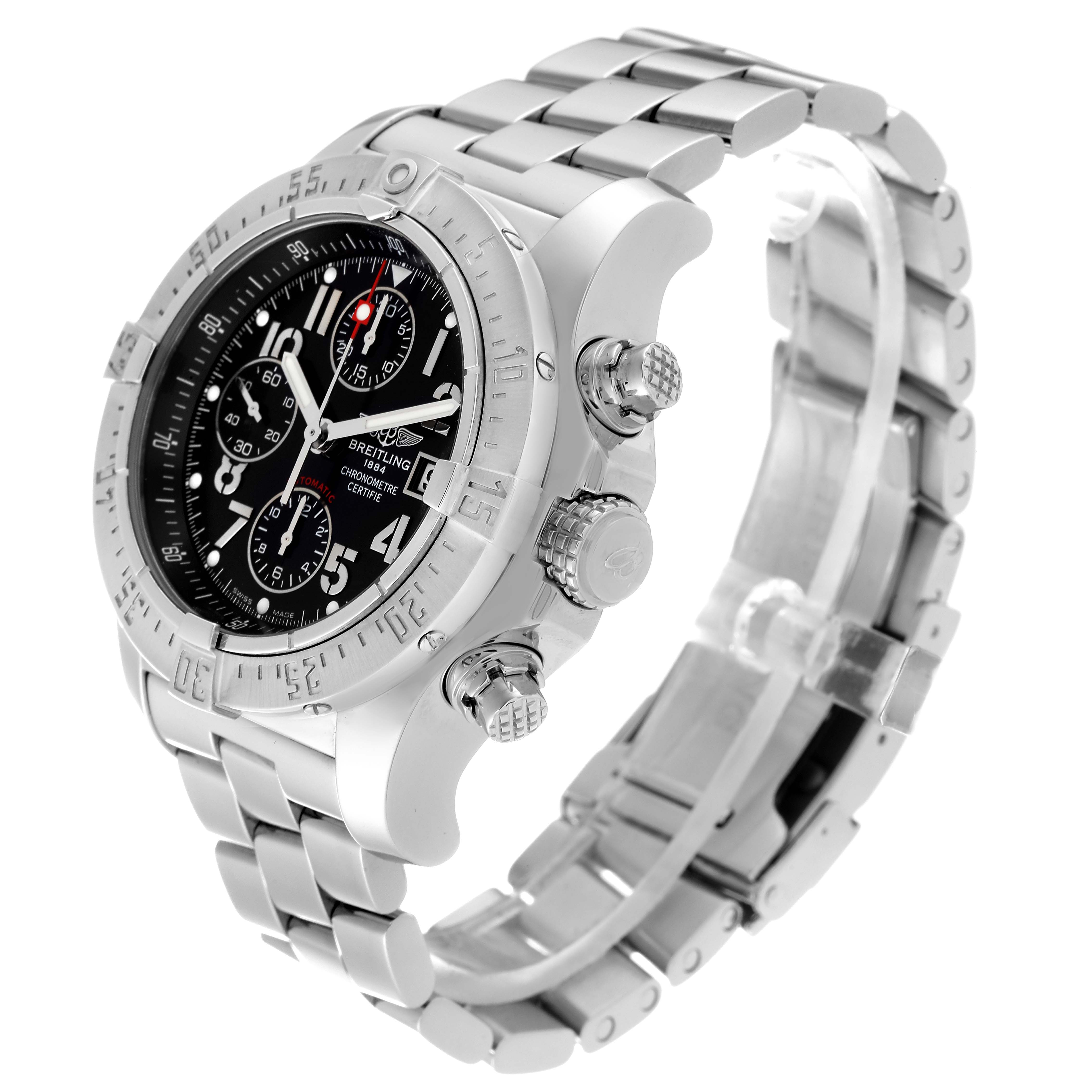 The image features a Breitling Avenger A13380 Men's Stainless Steel Black Dial A13380 Men's Stainless Steel Black Dial watch from a side angle showcasing the face, bezel, crown, and metal bracelet.