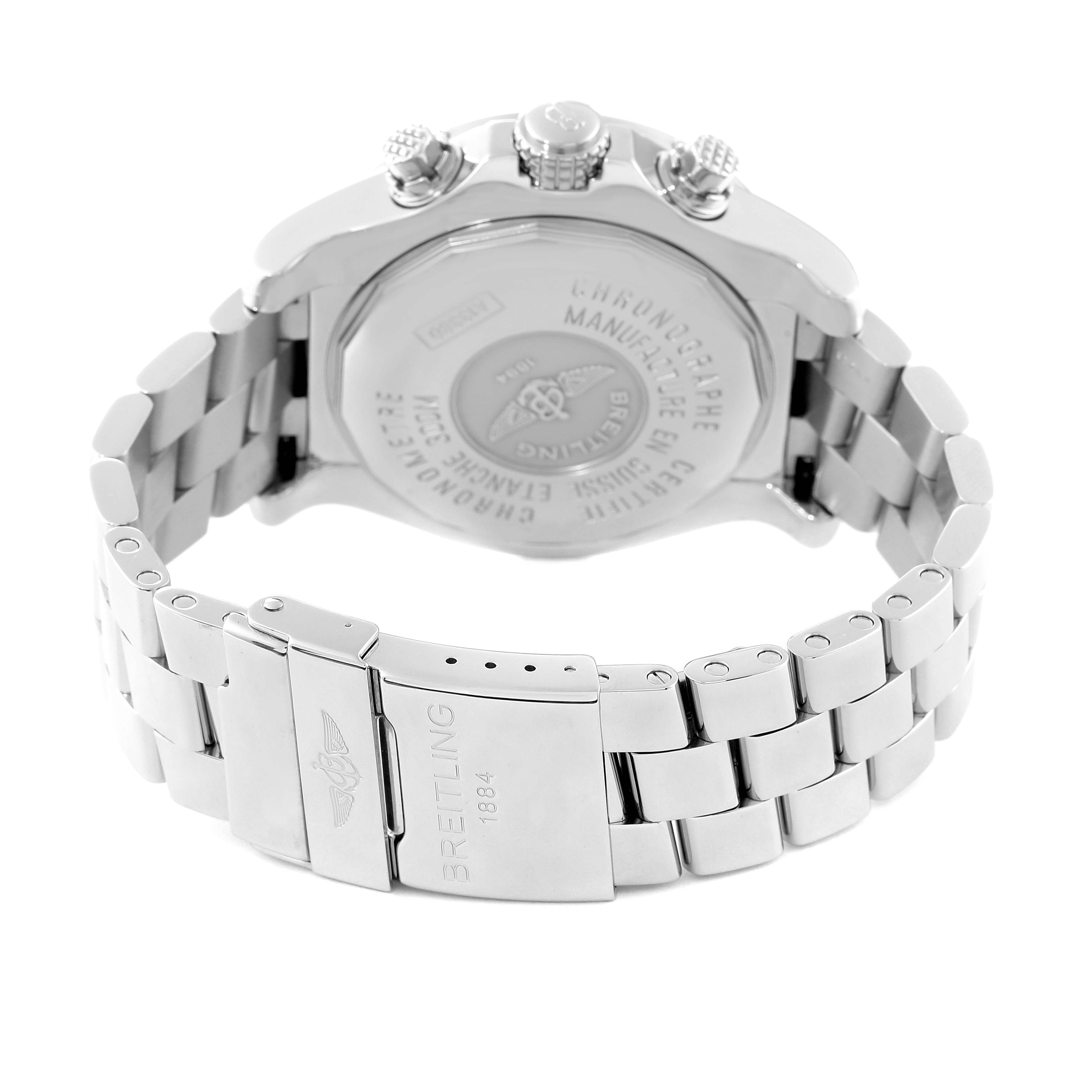 The image shows the back of the Breitling Avenger A13380 Men's Stainless Steel Black Dial A13380 Men's Stainless Steel Black Dial watch, displaying its case back, crown, pushers, and metal bracelet.